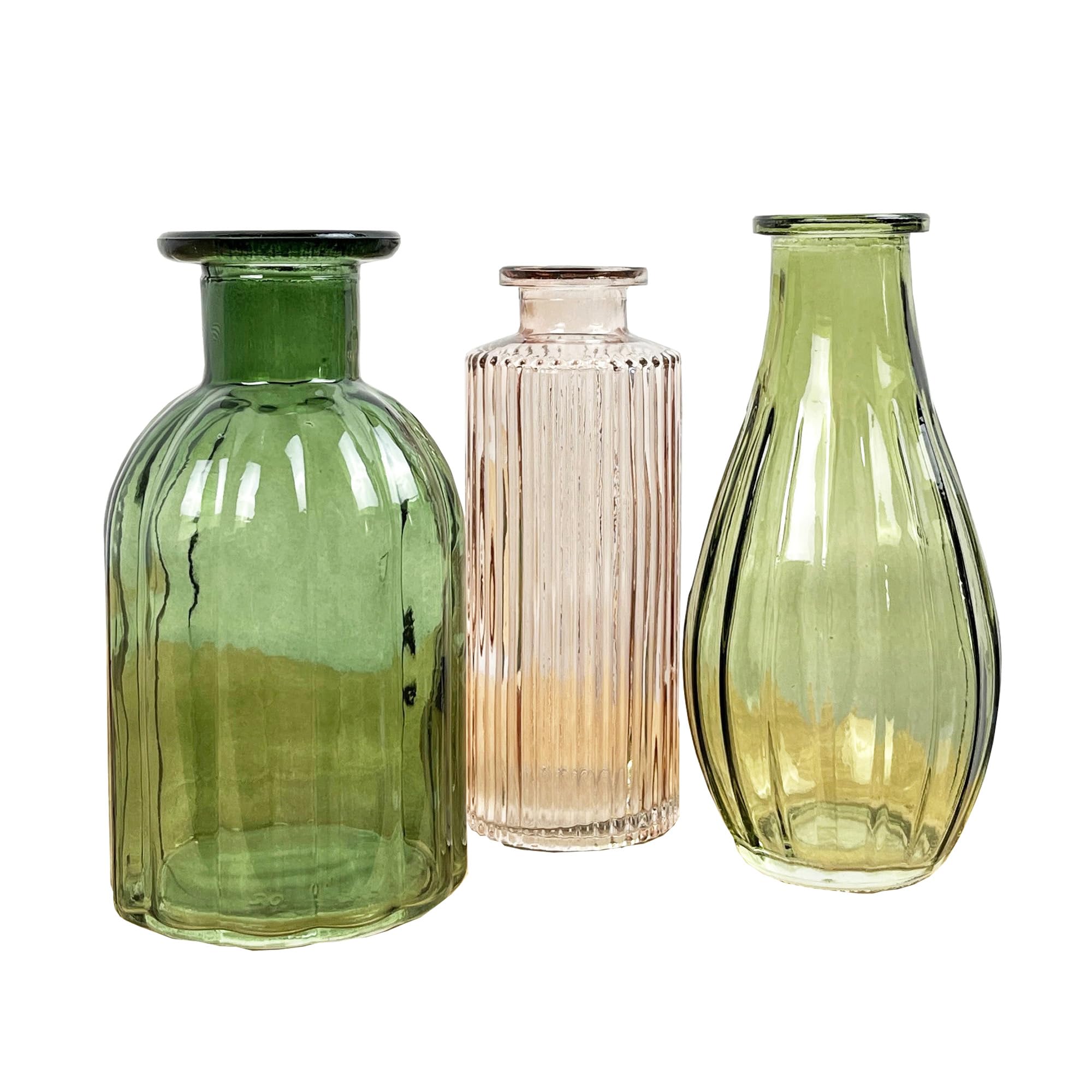 Set of 3 Small Coloured Glass Bud Vases - Green & Pink Colour Mix