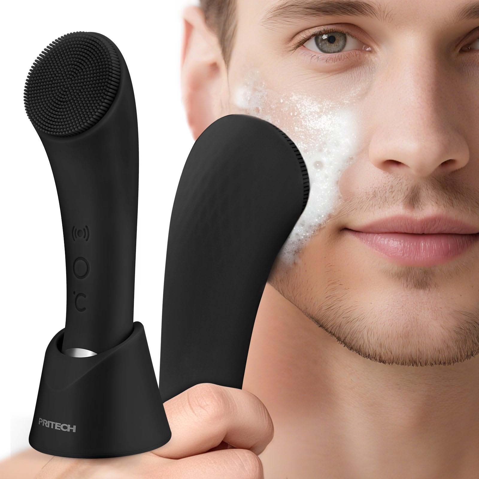 PRITECH Facial Cleansing Brush Rechargeable Silicone Face Scrubber with Heat Massage End Vibrating Exfoliator Scrubber for Deep Cleaning