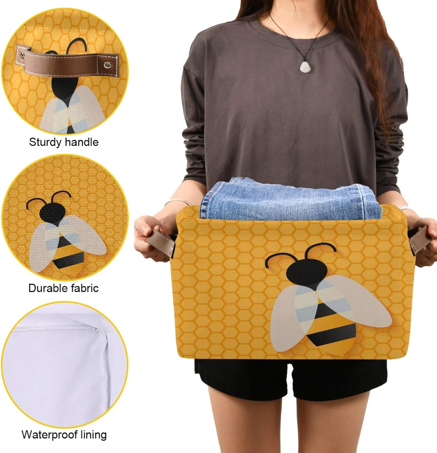 AUUXVA Storage Basket Animal Bee Honeycomb Beehive Geometric Pattern Storage Cube Box Durable Canvas Collapsible Toy Basket Organizer Bin with Handles for Shelf Closet Bedroom Home Office