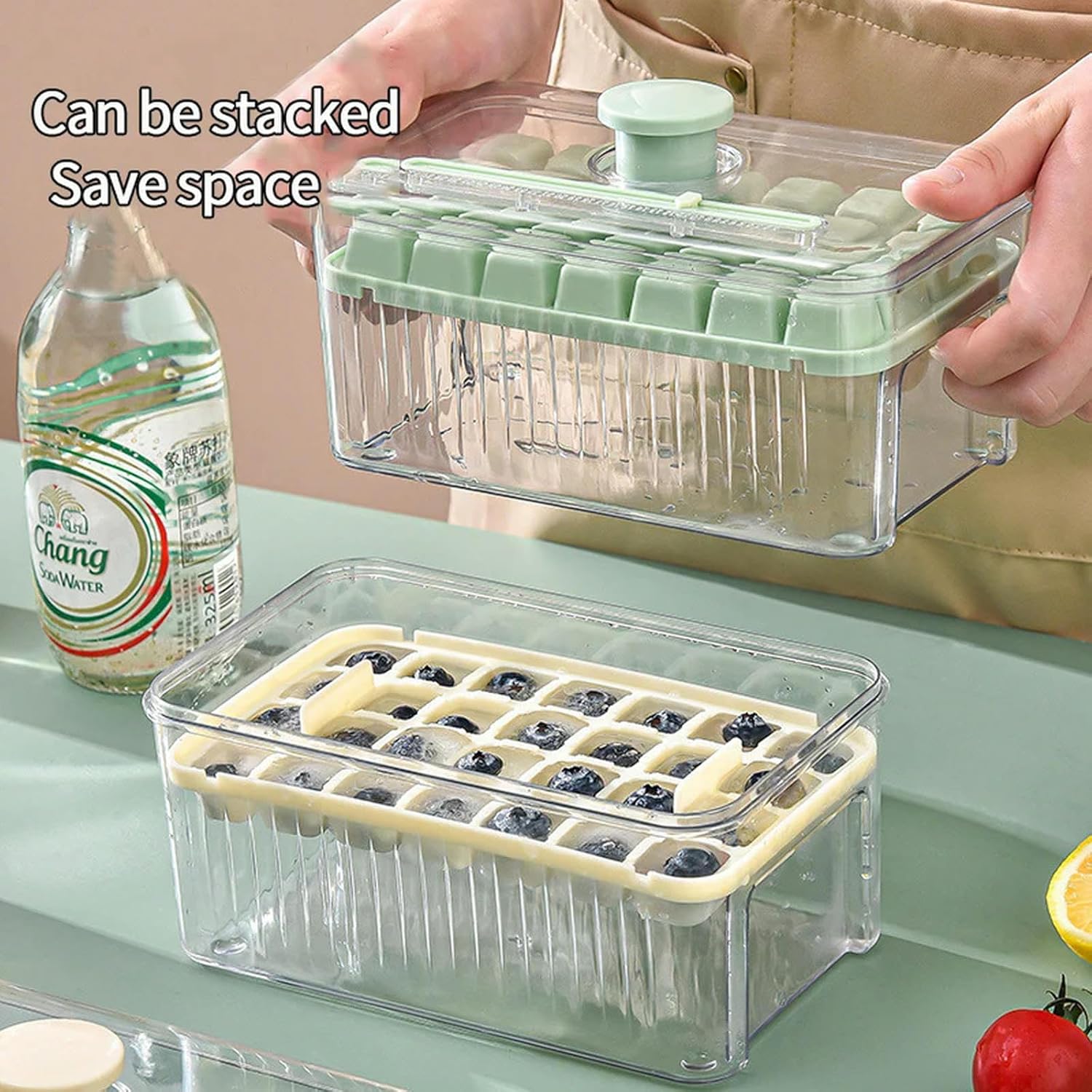 28/56 Grids Press Type Ice Cube Tray With Storage Box Ice Storage Mold Maker Beer Quick-Freeze-Yellow 28Grids