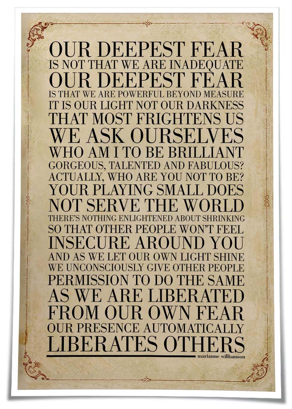 Shesinee Our Deepest Fear Poem By Marianne Williamson Quote Wall Art Poetry Poster Vintage Inspirational Wall Decorative Paintings for Living Room (12.00''x16.00'',Unframed)