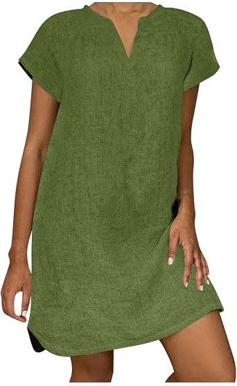 Linen Dresses for Women 2026 Cap Sleeve V Neck Sundress Beach Vacation Mini Dress Cotton Trendy Clothes