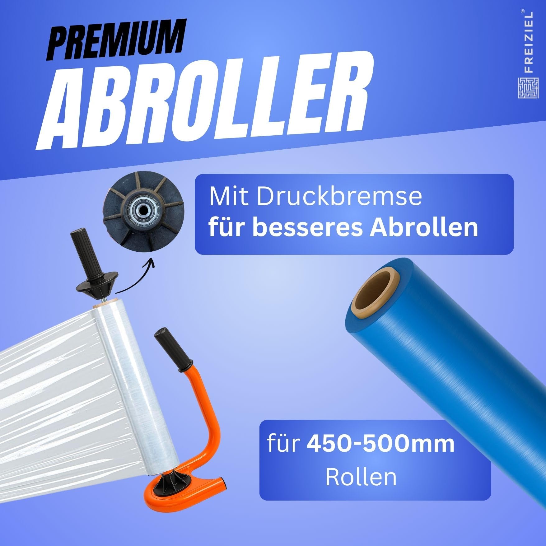 Profi Stretchfolien-Abroller Set, Orange, mit 6 Rollen Stretchfolie 23 µm, 50 cm Breite, Blau