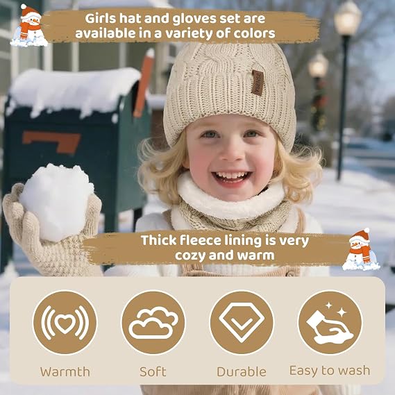 YSense 3 Pcs Kids Winter Beanie Hat Scarf Gloves Set