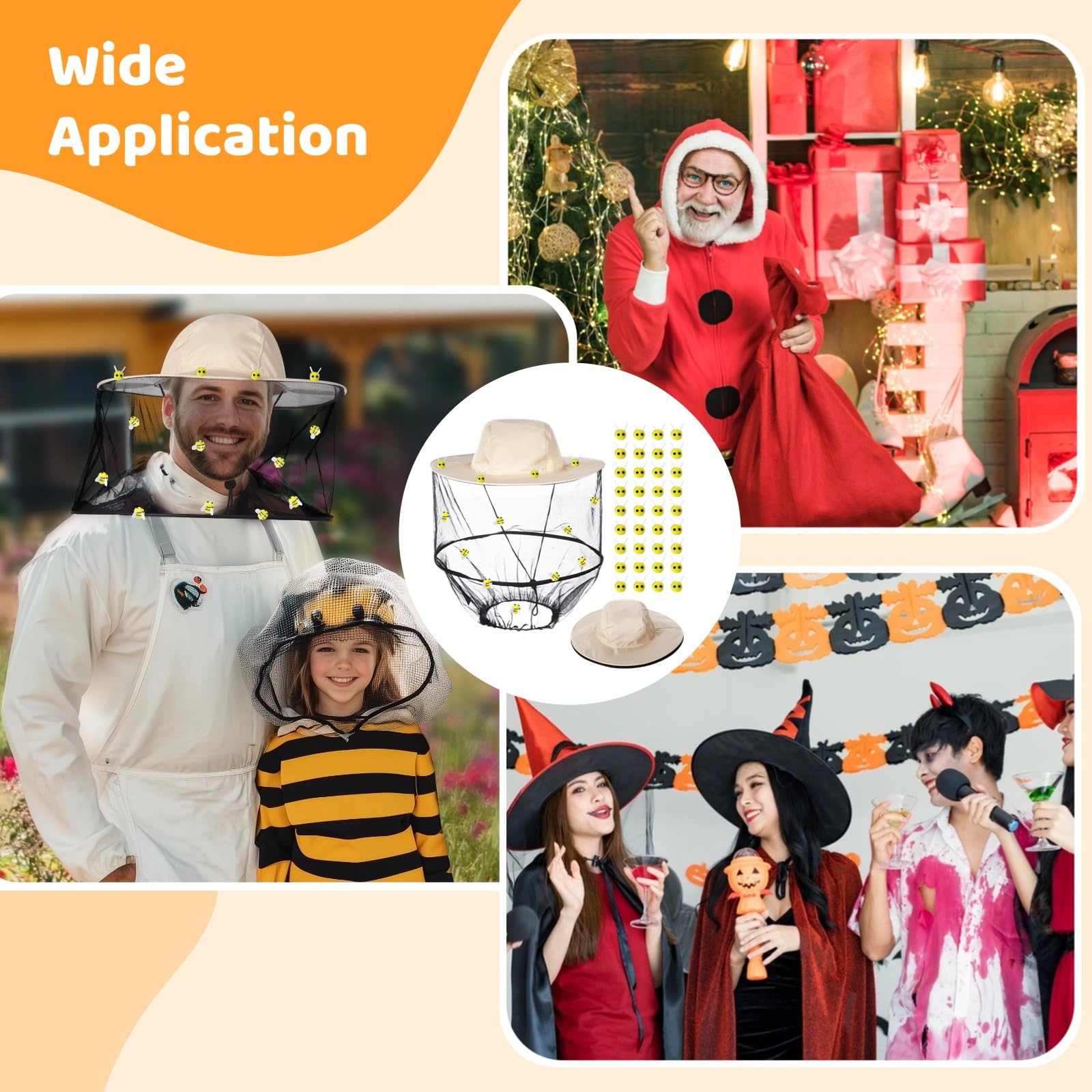 36 Filz-Bienen, Bienenhaltungshut und Schleier, Imkerhelm, 50 doppelseitige Bänder, 2 Stück Imkerhut, Kostüm-Set, niedliches Bienenhalter-Kostüm für Halloween-Mottoparty