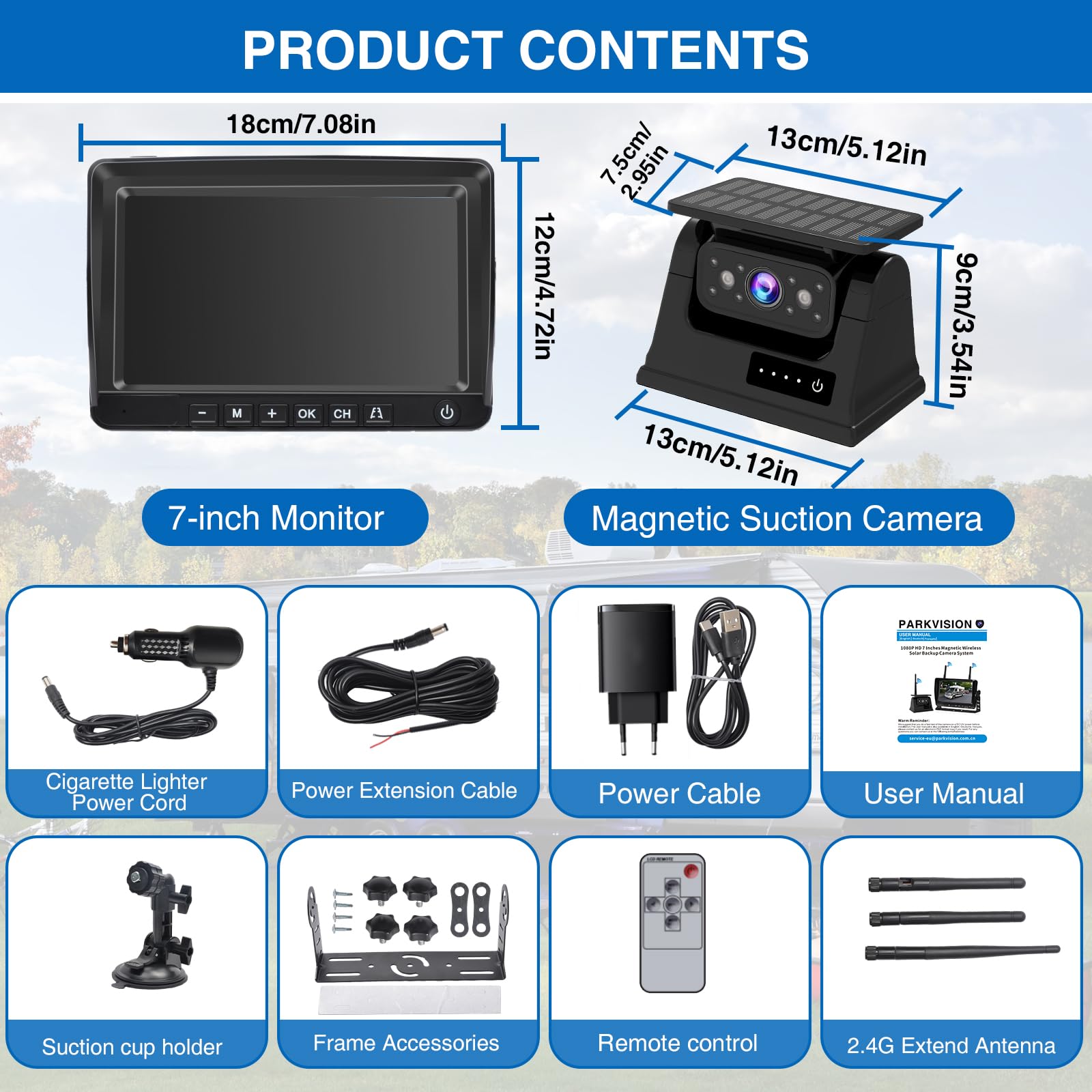 PARKVISION Kit Caméra de Recul sans Fil Solaire 1080P - Écran IPS 7" avec Batterie 9600mAh, Caméra Recul Magnétique - Vision Nocturne pour Camping-Car, Camion, Véhicule Utilitaire (2 Entrées Vidéo)