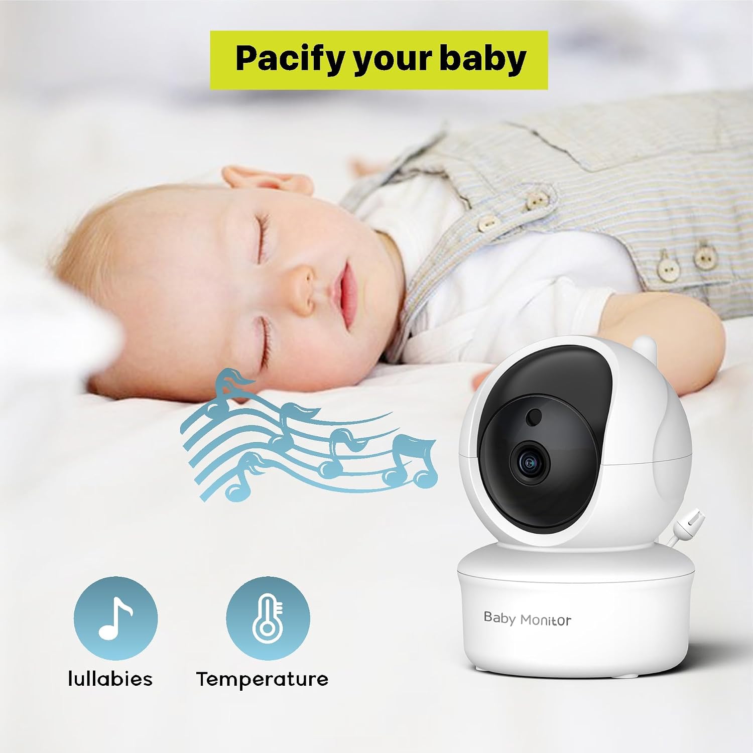 iFamily Baby Monitor camera unit next to a sleeping baby, with icons for lullabies and temperature monitoring.