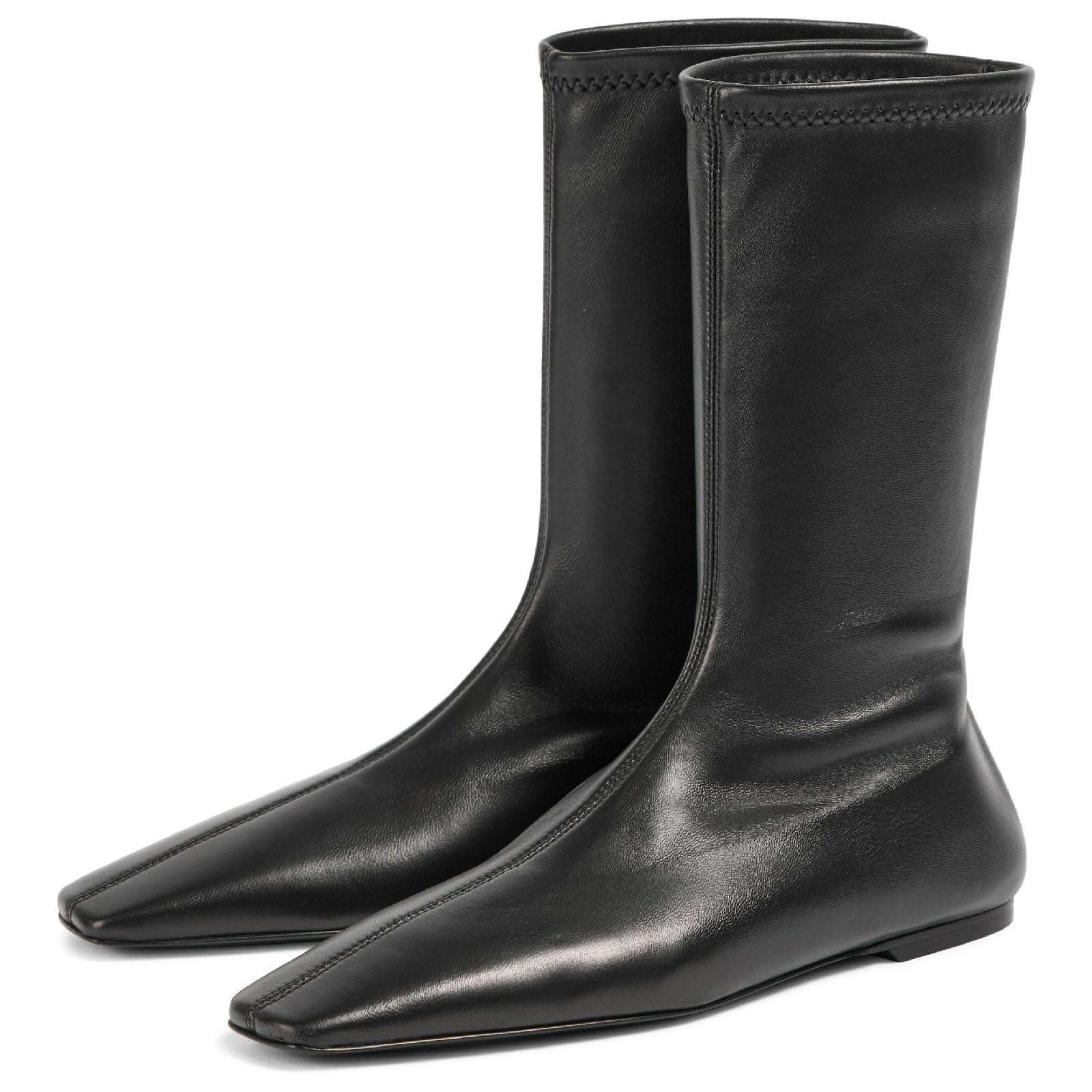 VogueVent Women's Fashion Square Toe Flat Mid Calf Boots Comfort Pull On Flat Sock Boots Fall Winter Dressy Flat Booties for Women