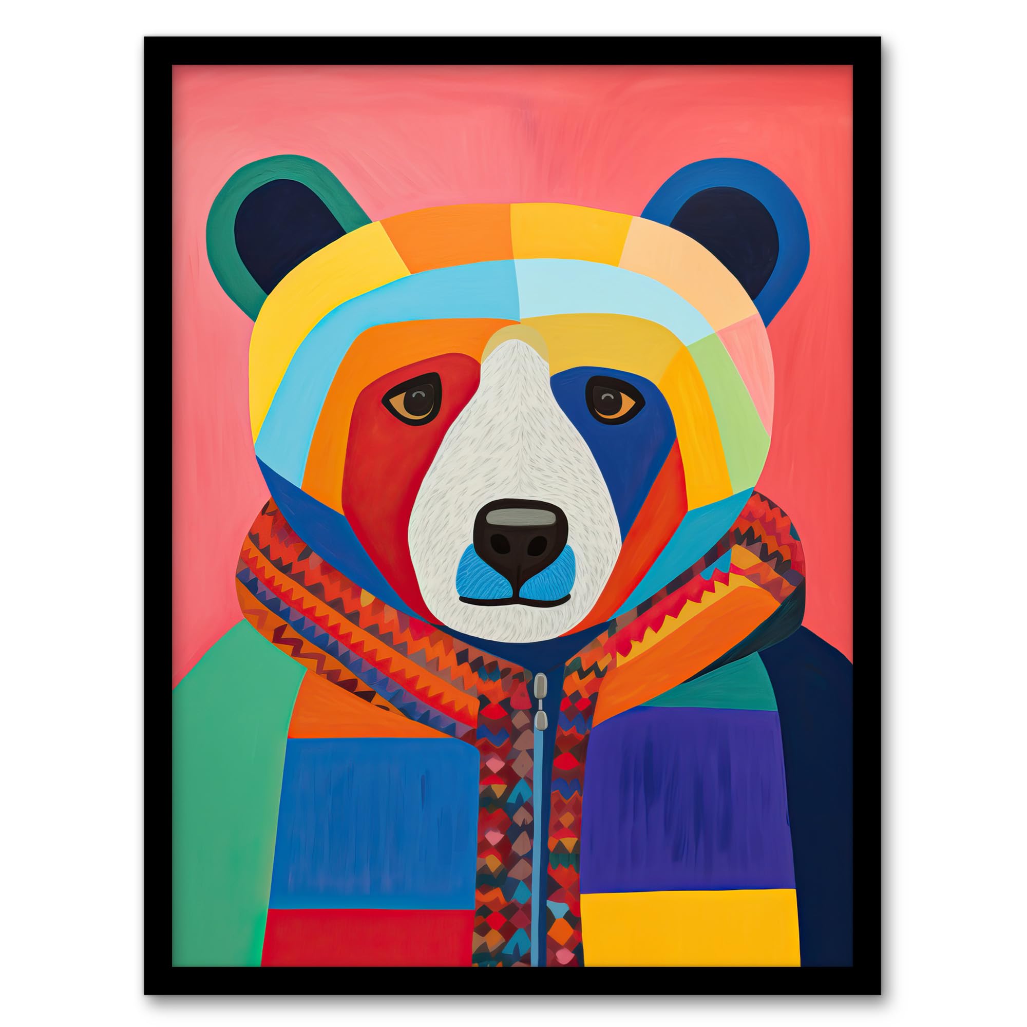 Wee Blue Coo Bright Bold Bear Fun Multicoloured Artwork Framed Wall Art Print A4