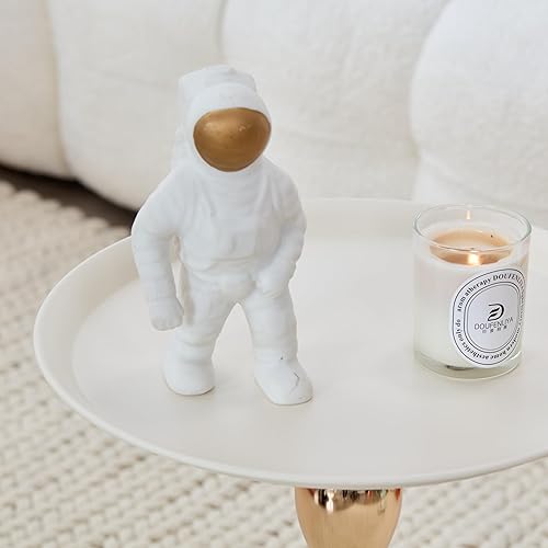 Miniatura 6 de Mesa auxiliar redonda moderna con base de pedestal dorada, parte superior de metal negro, mesa auxiliar decorativa para sala de estar (blanco)