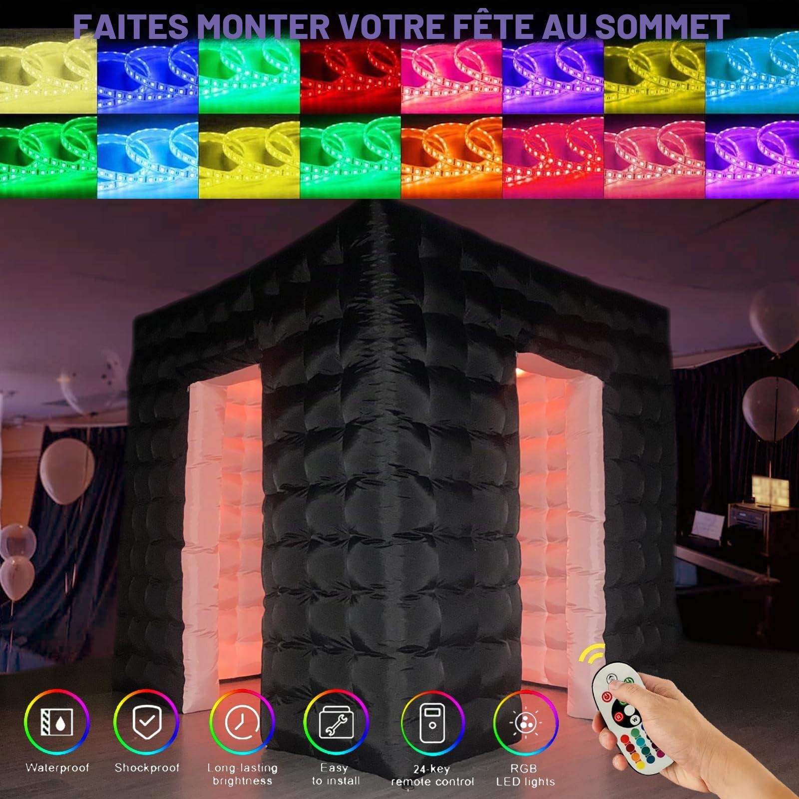 Cabine photo gonflable 2,5 x 2,5 m, portable, 16 couleurs, LED à intensité variable, pour photobooth, kit de tente avec 2 portes et souffleur d'air intérieur, télécommande, sac de transport (noir)
