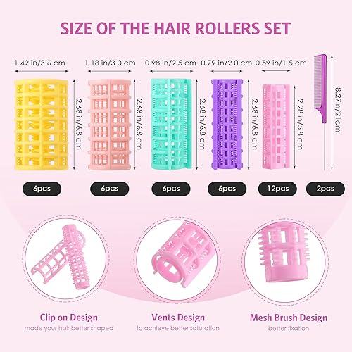 Miniatura 2 de 36 rodillos de pelo, 5 tamaños, rodillos de plástico de autoagarre con 2 peines de acero para cabello corto, largo sin calor, herramientas de