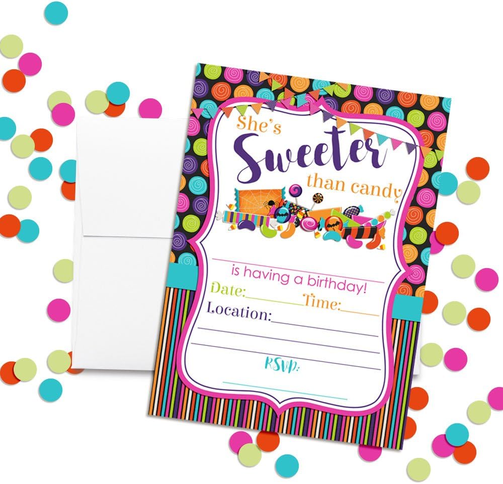 Halloween Candy Birthday Party Invitations, 20 5x7 Fill In Cards with Twenty White Envelopes by AmandaCreation™