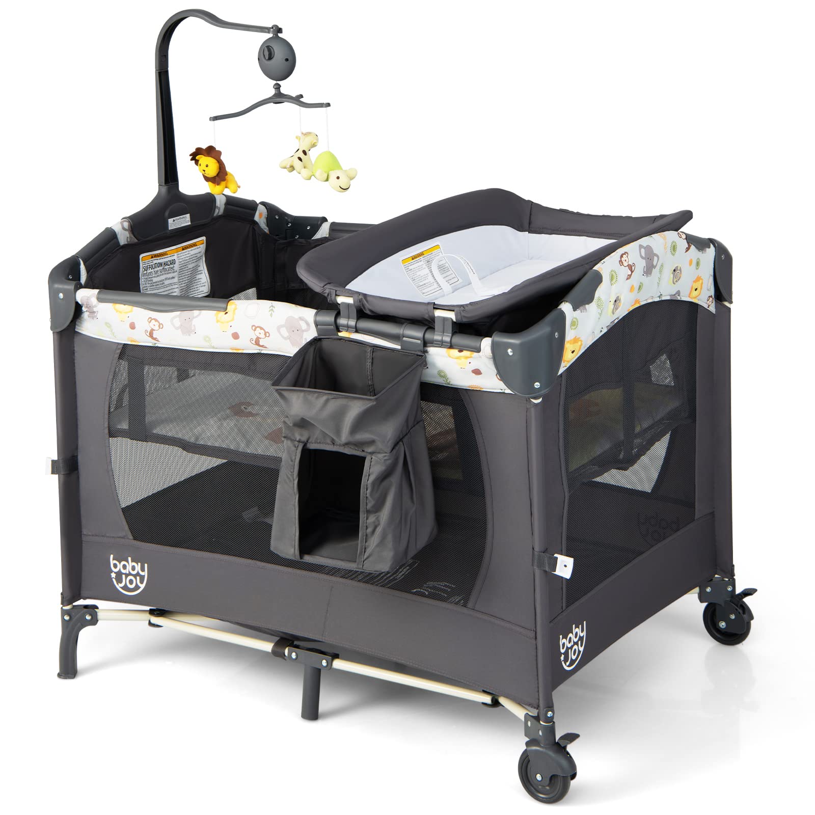 RELAX4LIFE 4 in 1 Lettino da Campeggio per Bambini, Culla Neonato con Fasciatoio, Materasso e Cingia Fissagio, Altezza Regolabile con 3 Livelli, Adatto a Bambini da 3 a 36 Mesi (Grigio Scuro)