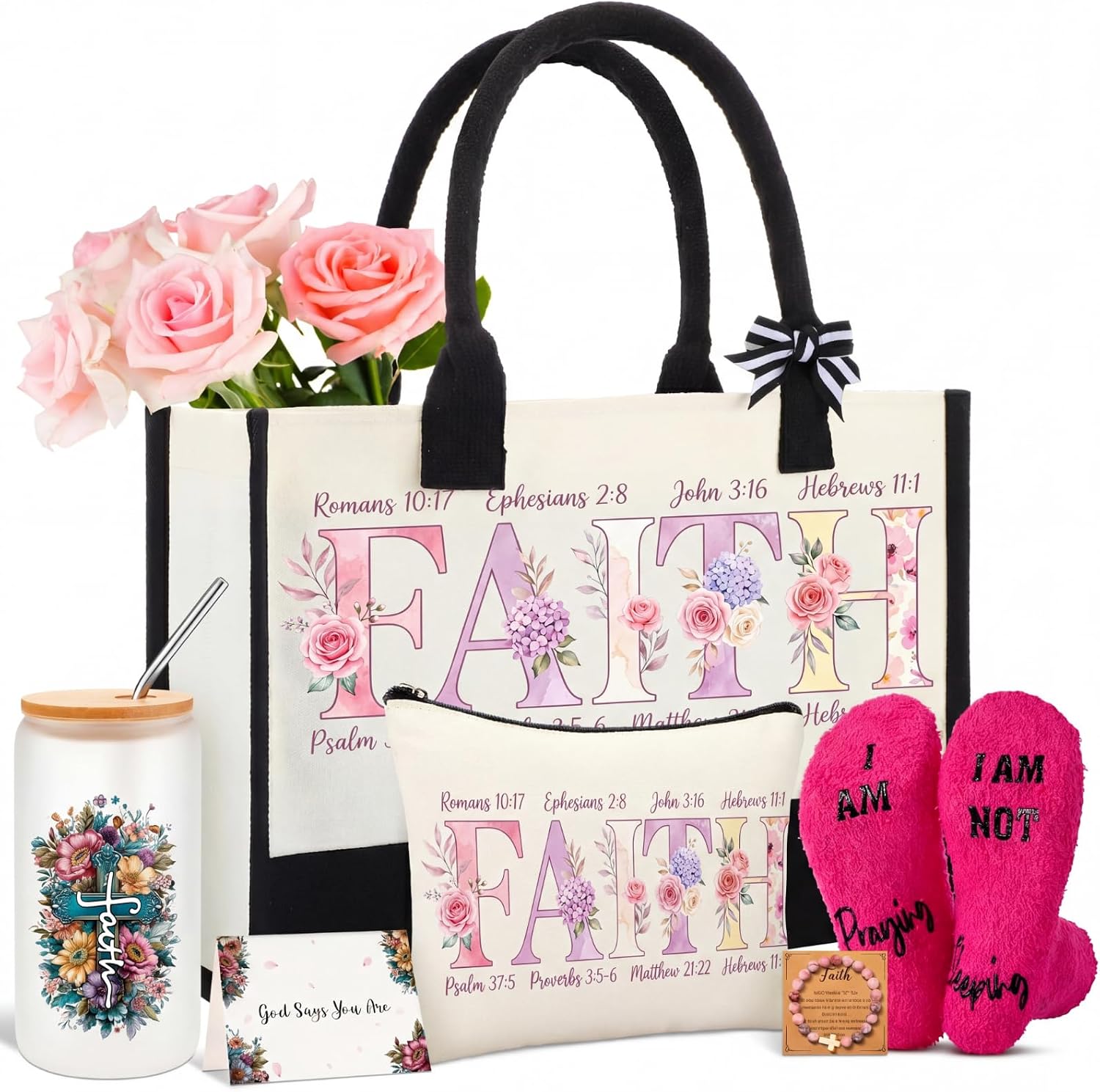 Huquary 6 Pcs Faith Gift Set for Women Include 16 oz Coffee 16 oz Glass Cup with Lid Canvas Tote Warm Socks Bracelet and Greeting Card Christian Christmas Baptism Gifts