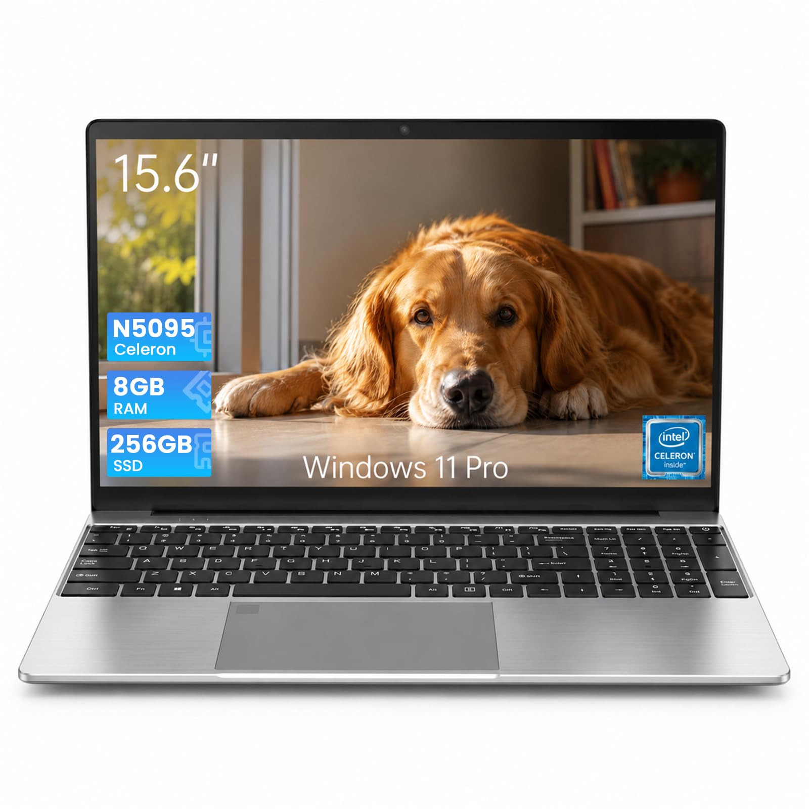 2026 PC Portatile da 15.6", Computer Portatile con Win 11 Pro, IPS FHD Notebook Celeron N5095, Laptop 8GB RAM 256GB SSD, USB 3.0, HDMI, 1920x1080, Wi-Fi 5, Impronta/Tastiera retroilluminata