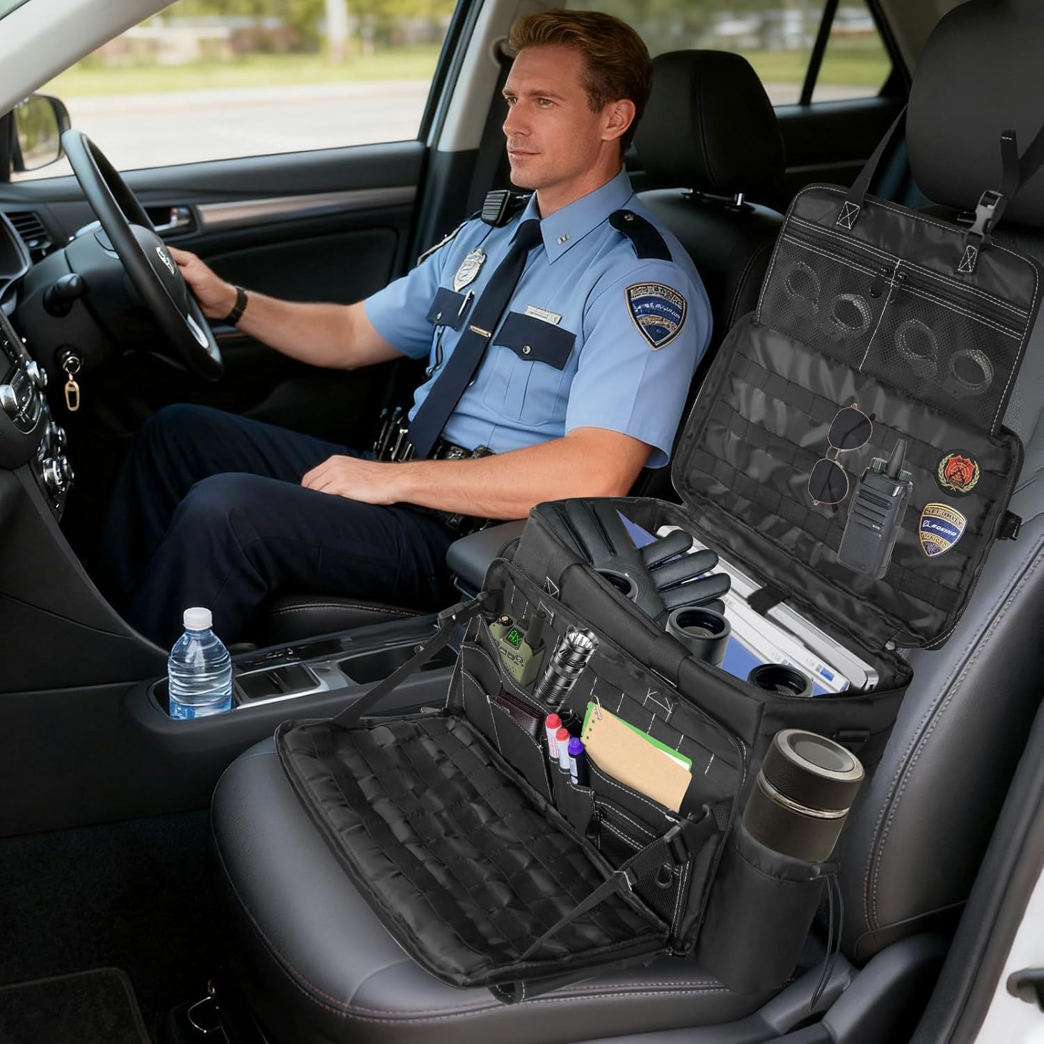 LIWSHWZ Patrol Bag Law Enforcement,Police Gear Bag for Car Front Seat Organizer with 15.6” Laptop Layer and Cup Holders,Multiple Compartments Police Duty Bags Fit Vehicle Passenger Seat