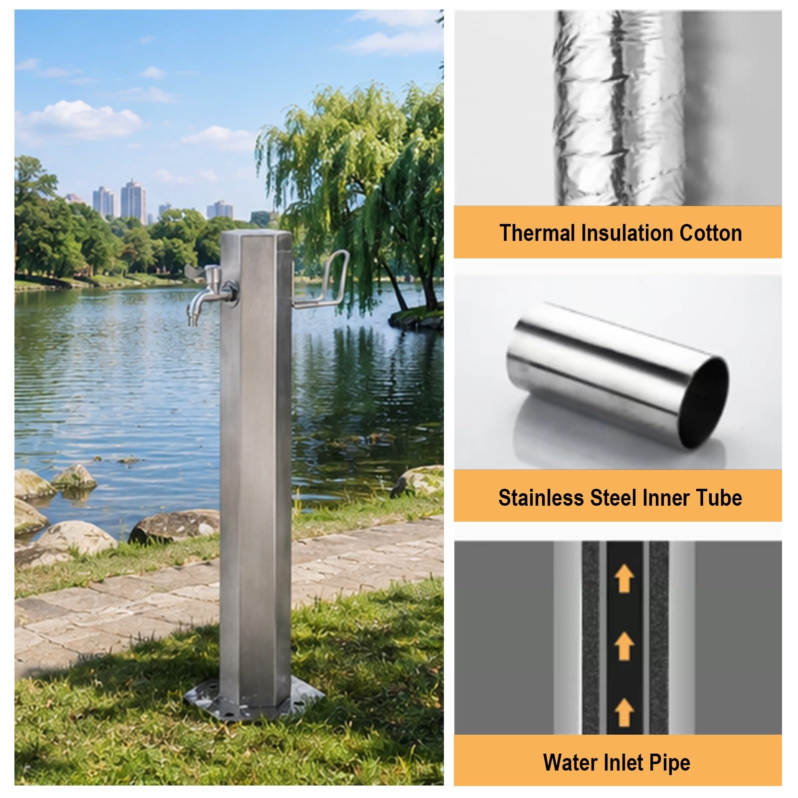 Wassersäule Garten Edelstahl 304, Wasserzapfsäule Edelstahl Rostfrei Frostsicher, 2 Wasseranschlüsse, für Garten(86x10cm/34x4in)