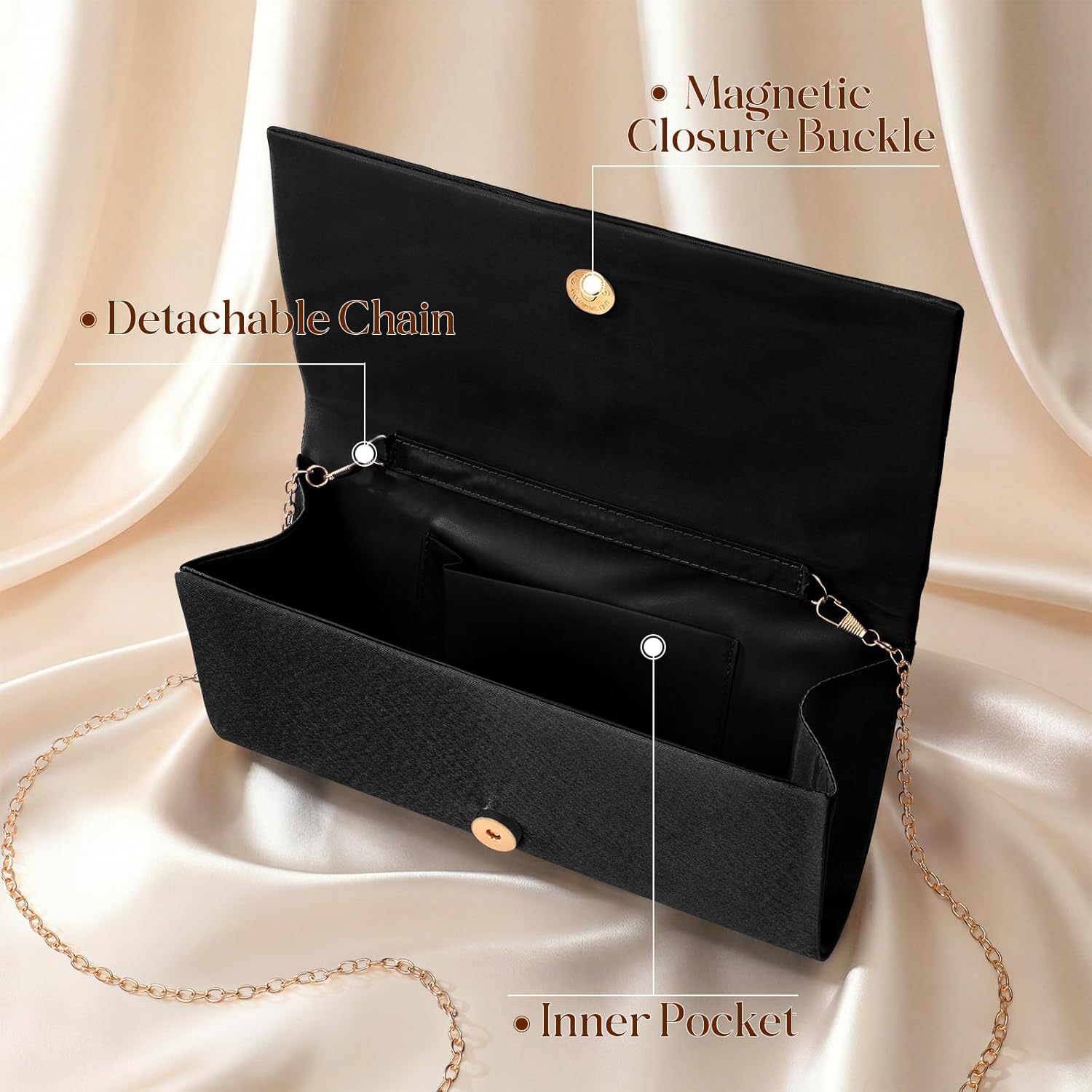 Evening Satin Purse with Detachable Chain Fomal Clutch Women's Evening Handbags