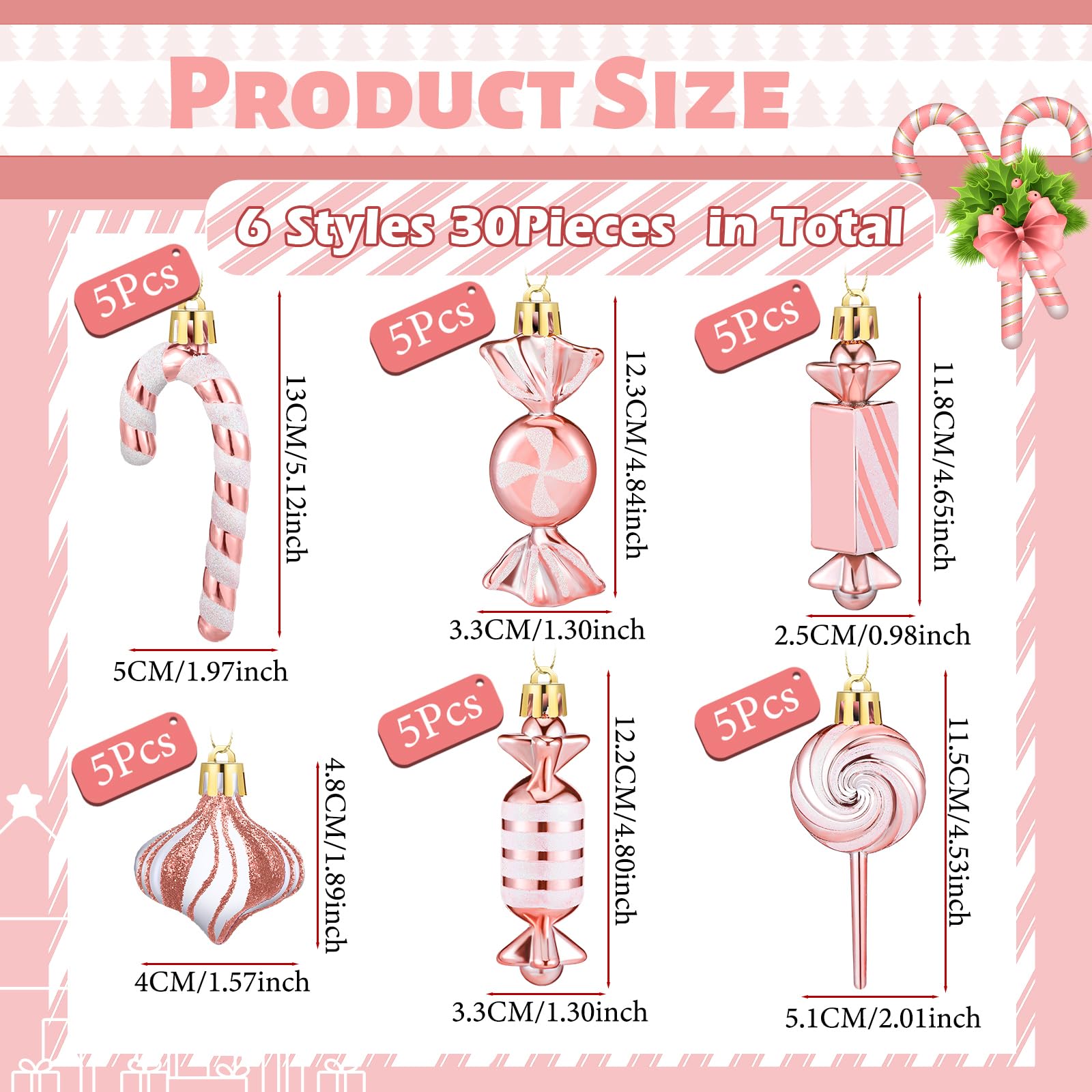 Realspring 30 Stück Weihnachts-Süßigkeiten-Ornamente, Pfefferminz, Zuckerstange, Weihnachtsdekoration, Kunststoff, Lutscher, Weihnachtsdekoration, hängende Ornamente mit Seil für Weihnachten, Urlaub,