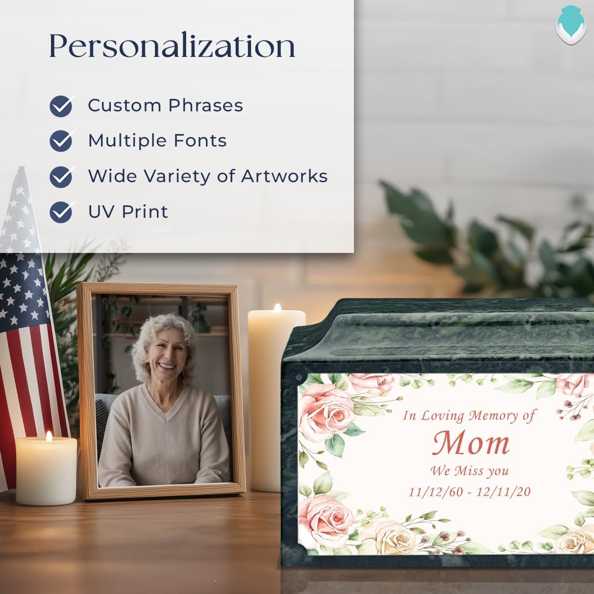 GetUrns – Legacy Cultured Marble Urn by Mackenzie, Adult Size Cremation Urns, Custom UV Printed Burial Urn for Ashes, 210 Cubic Inch Cemetery Urns for Ashes, Flower Frame, Evergreen