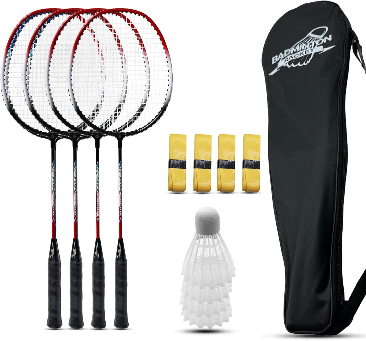 Magicorange Badminton Rackets Set of 4 for Outdoor Backyard Games, Including 4 Racquets,4 Shuttlecocks, 4 Replacement Grip Tapes & 1 Carry Bag