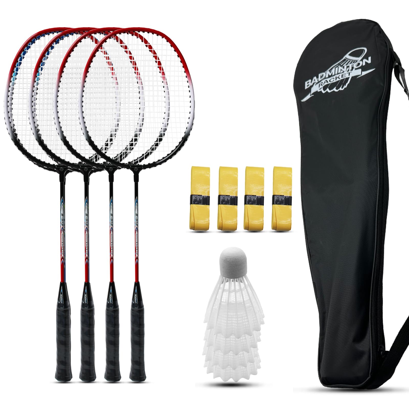 MagicorangeBadminton Rackets Set of 4 for Outdoor Backyard Games, Including 4 Racquets,4 Shuttlecocks, 4 Replacement Grip Tapes & 1 Carry Bag
