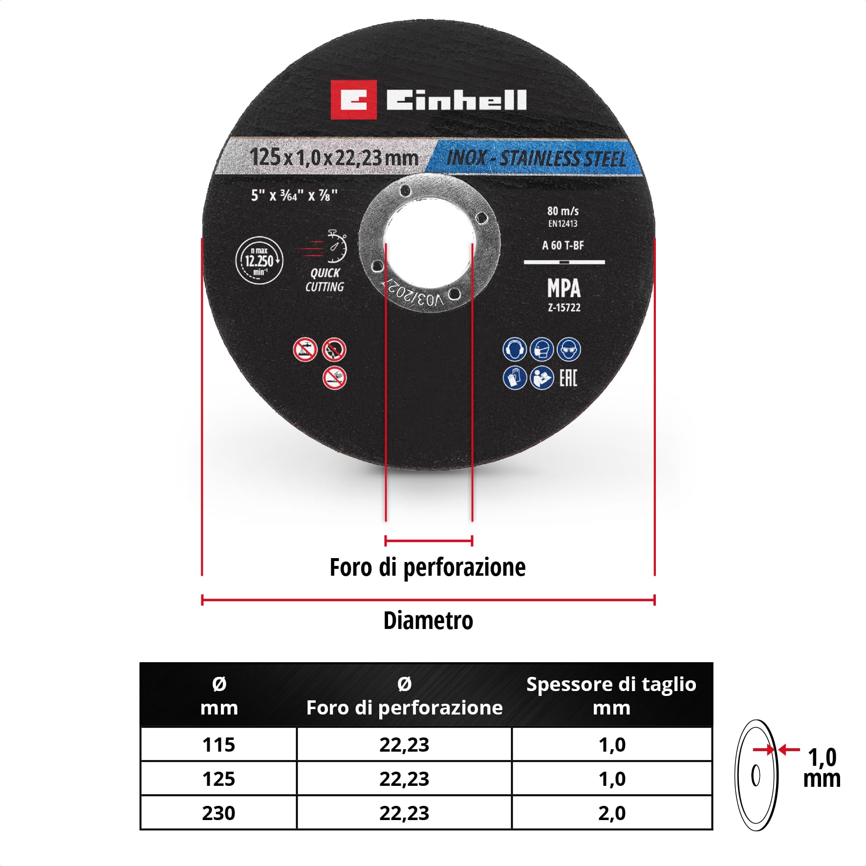 Originale Einhell Dischi da taglio per metallo, 10 pezzi, Ø 125 mm in latta (taglio veloce, lavorazione del metallo, taglio facile, certificato MPA, indipendente dal marchio)