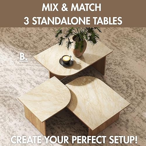 Miniatura 6 de Juego de mesas auxiliares modernas de 3 piezas, parte superior de mármol sintético y patas de madera de nogal, mesa de té rectangular de mediados de