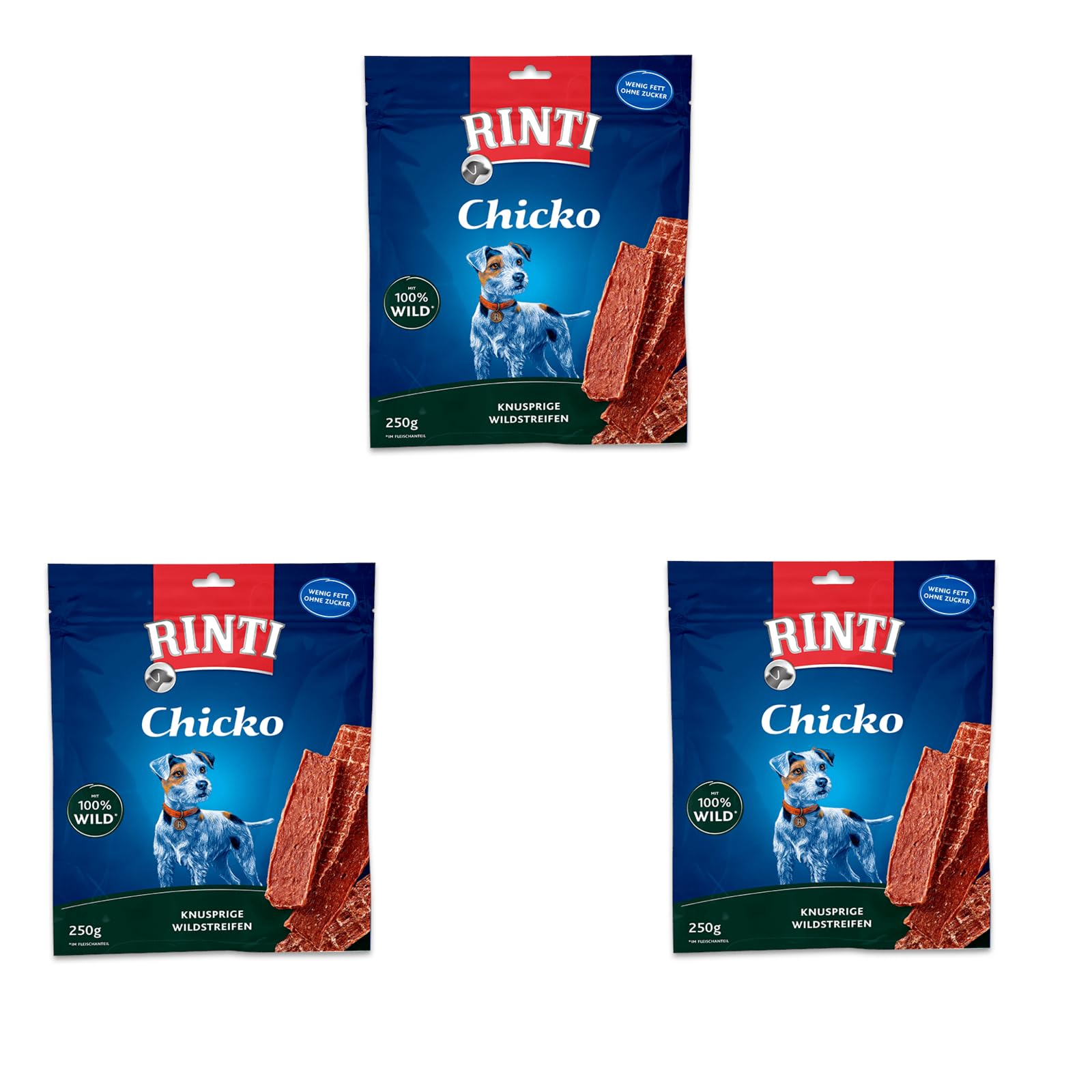 RINTI - Chicko | Leicht verdauliche Wildfleischstreifen aus 100% Wildfleisch für ausgewachsene Hunde. Fettarmer und zuckerfreier Hundesnack ohne Zusatzstoffe im Frischebeutel | 9x250g Wild