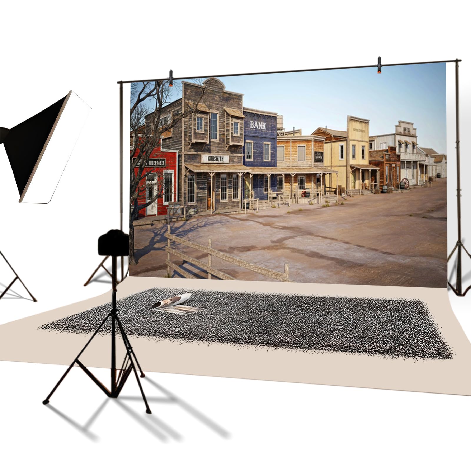YongFoto 4,5x3m Country e occidentale Sfondo Wild West Città Negozio Casa di legno Squallido Sfondi fotografici Bambini Adulti Decorazioni per feste occidentali Sfondo Cowboy Sfondo fotografico