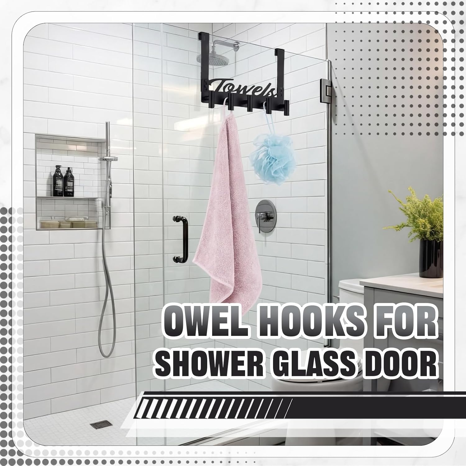 Qunclay Shower Door Hooks 5 Hooks Towel Rack for Frameless Glass Shower Doors, No Drill Stainless Steel Heavy Duty Over Door Towel Holder for Bathroom, Hanging Robe, Towels, Loofah
