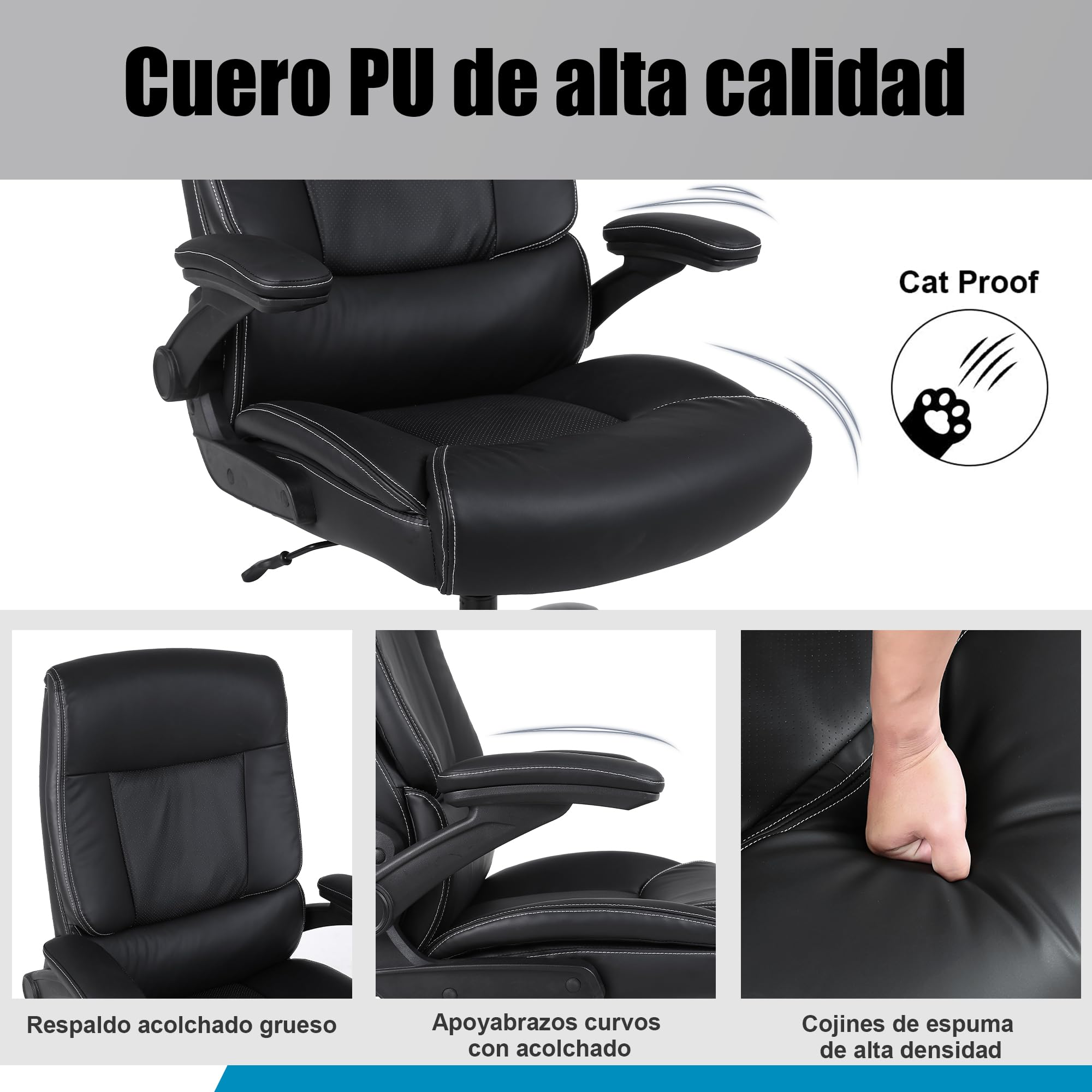 Youhauchair Silla Escritorio, Silla Oficina de 200 kg para Personas Pesadas, Silla Ergonomica Escritorio con Reposabrazos Abatibles, Sillas Escritorio de Cuero PU, Respaldo Alto, Negro