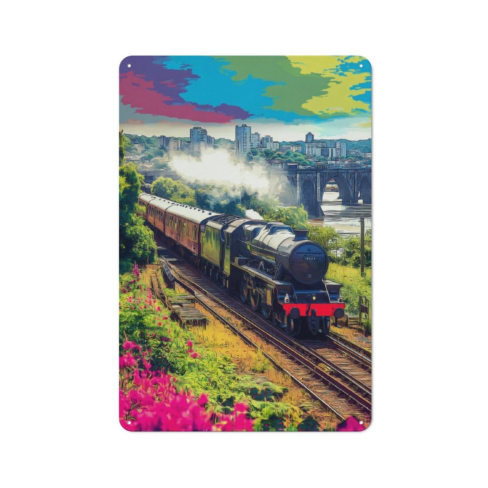 Junmoney Steam Train Journey Through Nature Vintage Tin Wall Plaque 30X20cm For Studio Or Craft Room, For Garage, Workshop And Man Cave Decoration