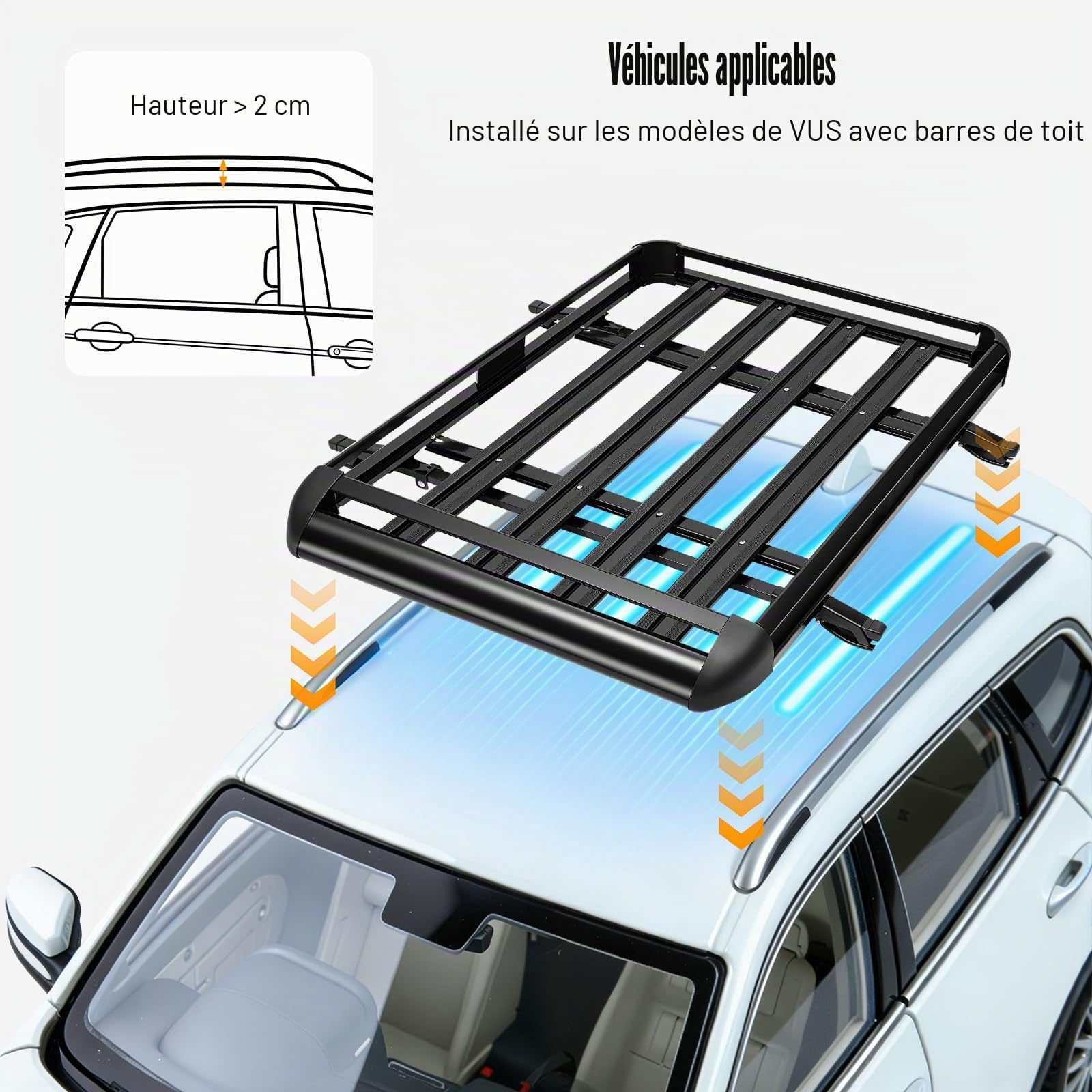 Barres de toit universelles en aluminium, porte-bagages de toit en aluminium, panier de toit pour voiture, porte-bagages de toit, porte-frets pour reling, capacité de 68 kg, pour camping et voyages