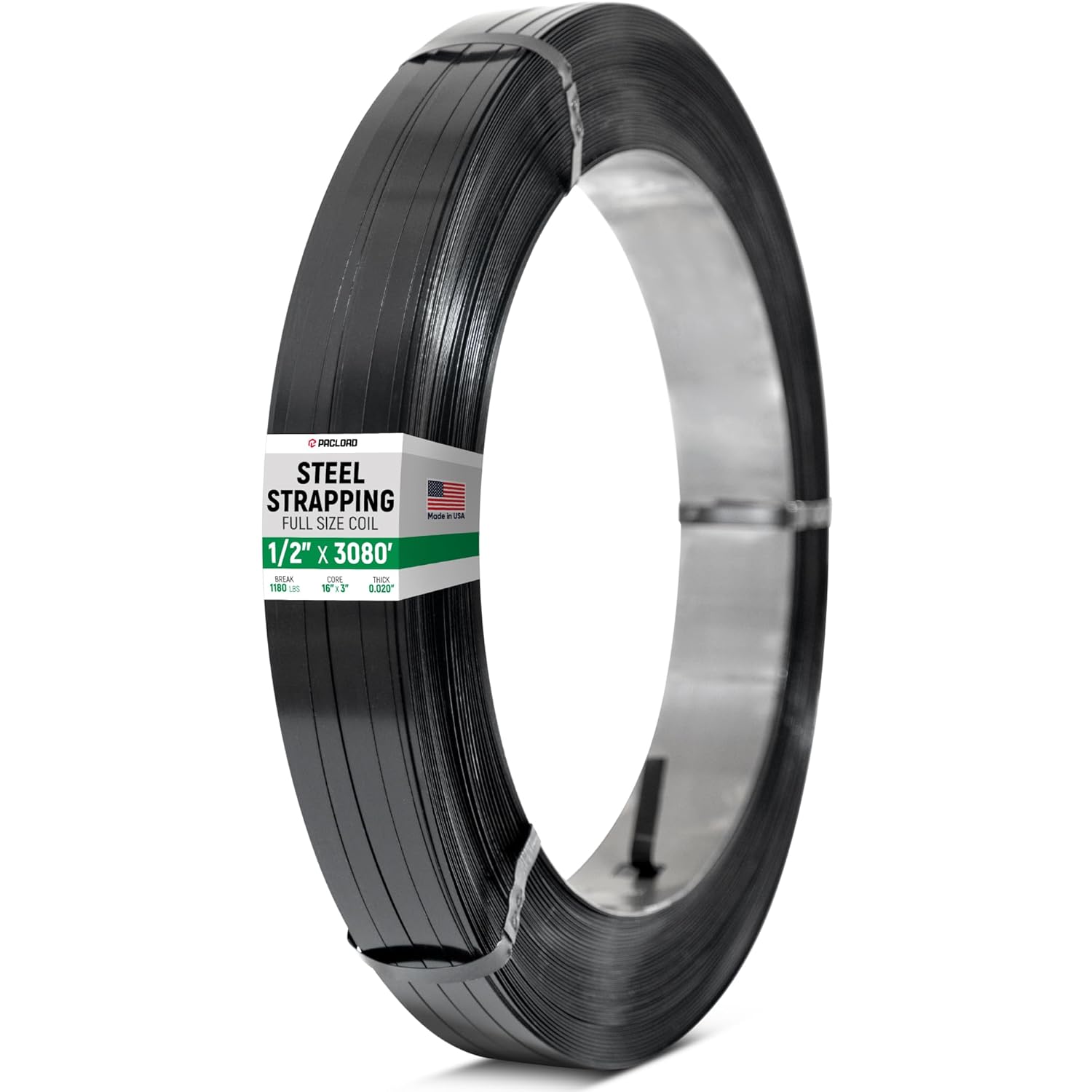 1/2" x 3080' Heavy-Duty Steel Strapping, 0.020" Thick, 1180 Lbs Break Strength, 16" x 3" Core - Pallet Metal Banding with Superior Cut-Resistance - Approved for UPS, Railroad Shipments