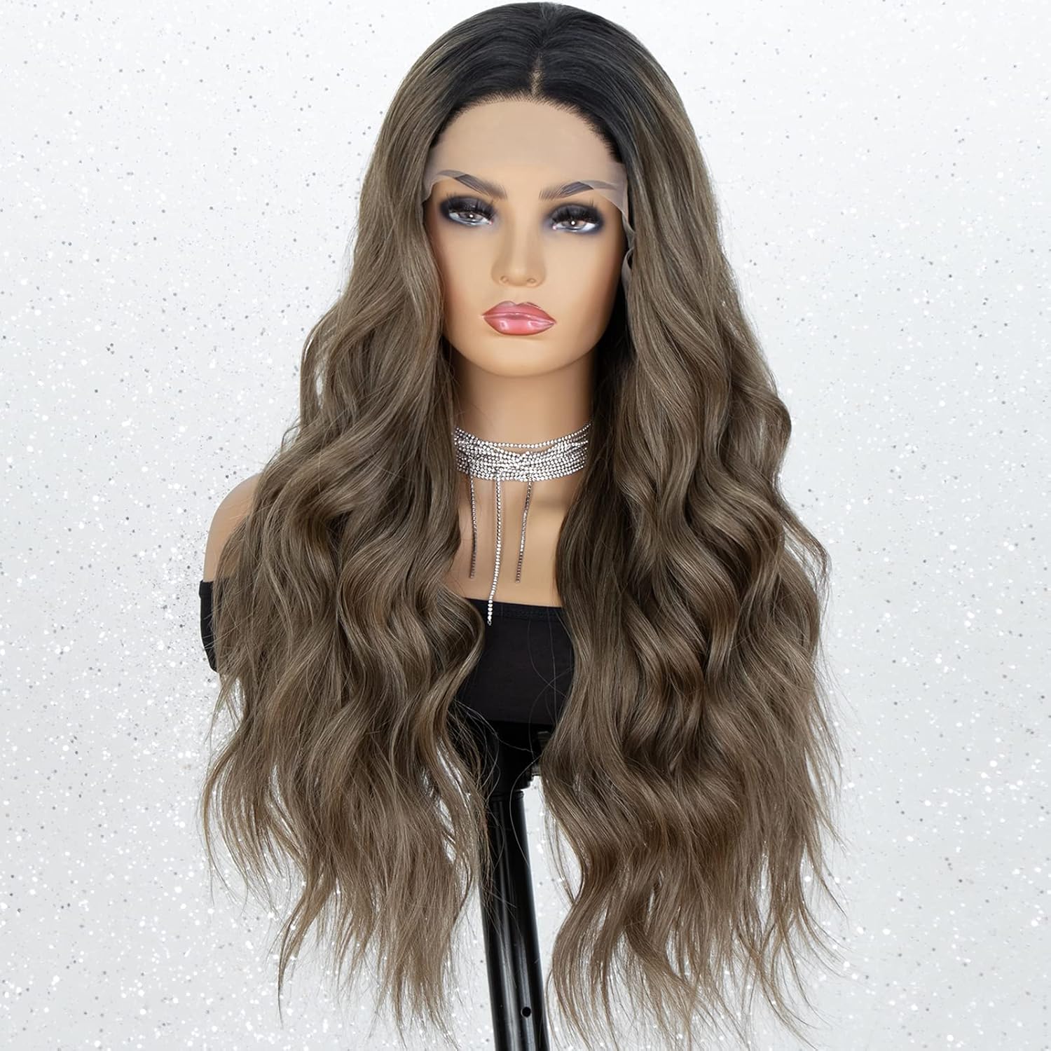 K'ryssma Brown Lace Front Wigs Ombre Dark Roots Natural Looking Glueless Long Wavy Synthetic Wig for Women 2 Tone Heat Resistant 22 inches