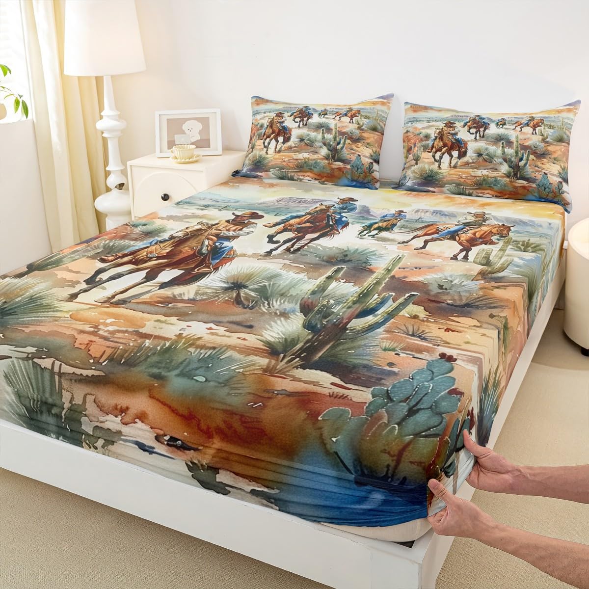 Drap-housse pour enfants de style cowboy avec taies d'oreiller vintage