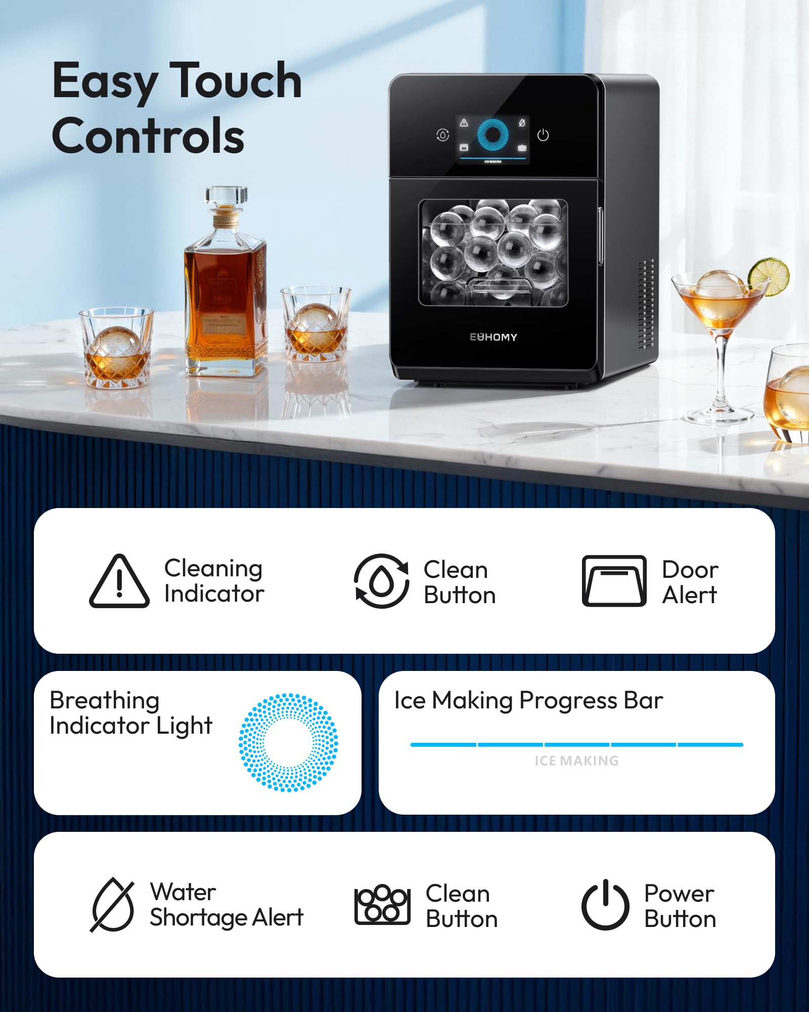 EUHOMY 2" Ice Ball Maker Countertop, 4Pcs Ready in 40Mins, 144Pcs/day, Self-Cleaning Sphere Ice Maker Machine with Crystal Clear Ice, Round Ice Cube Maker for Whiskey & Bourbon — view 8