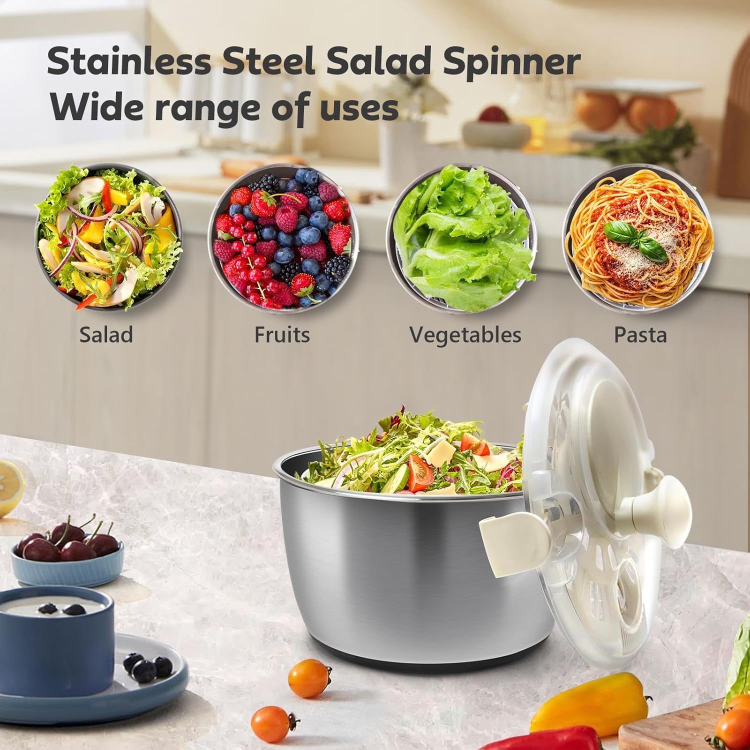 Centrifuga per insalata in acciaio inox da 5,3 qt, grande capacità, detergente per frutta e verdura, asciuga insalata con uscita rapida per centrifuga e scarico, colino multiuso