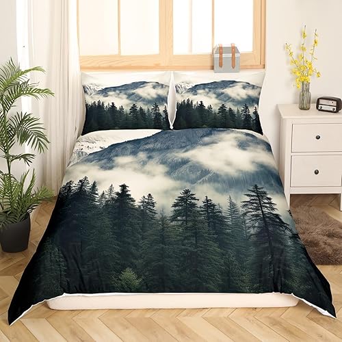 Miniatura 3 de Erosebridal Juego de funda de edredón de montaña ahumada, pinos y niebla, color gris, tamaño King, para niños, adolescentes y adultos, funda de