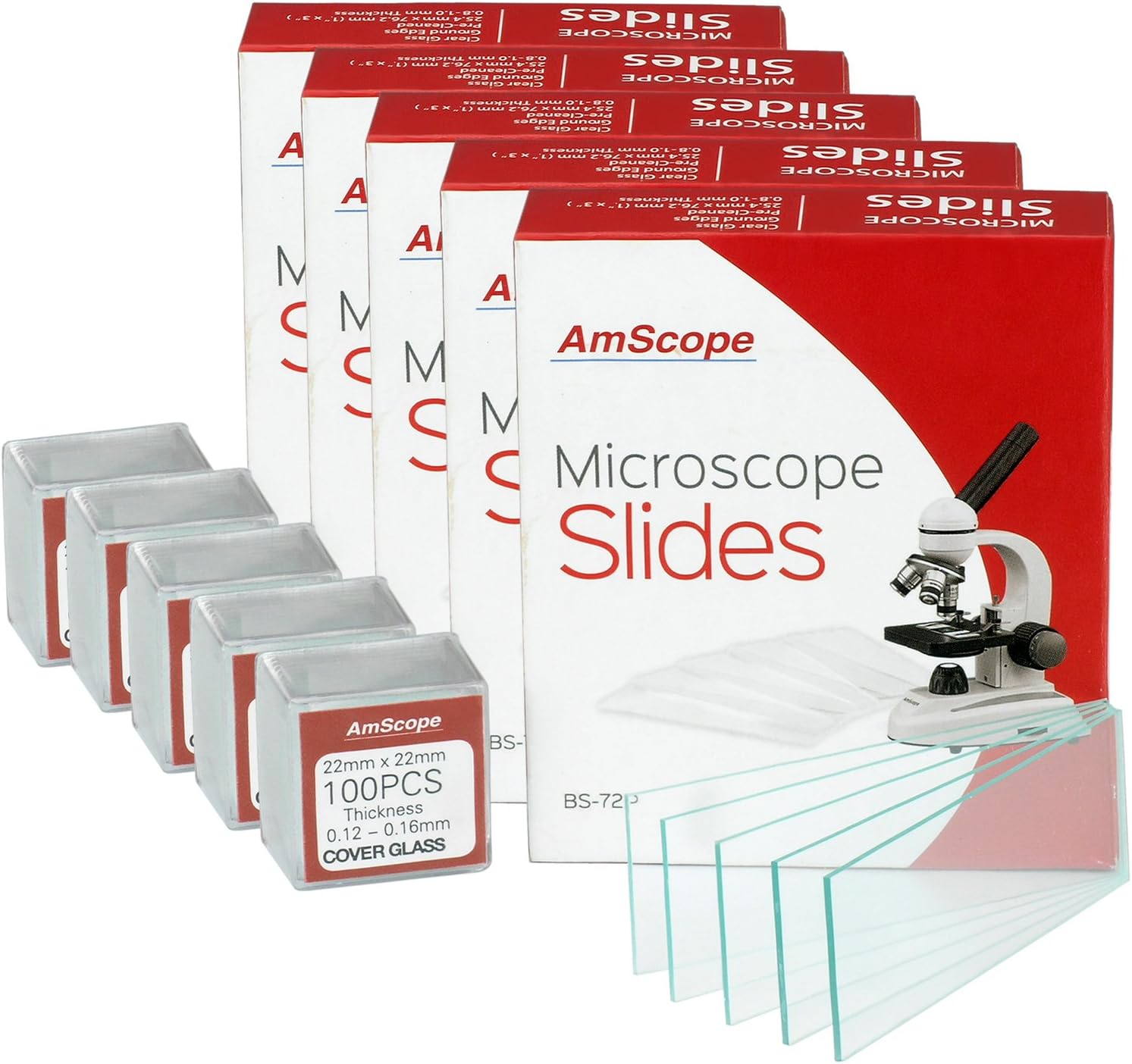 AmScope - 72 Pieces of Pre-Cleaned Blank Microscope Slides + 100 Coverslips - BS-72P-S100-22X5 - Multi-Pack (5 Count)