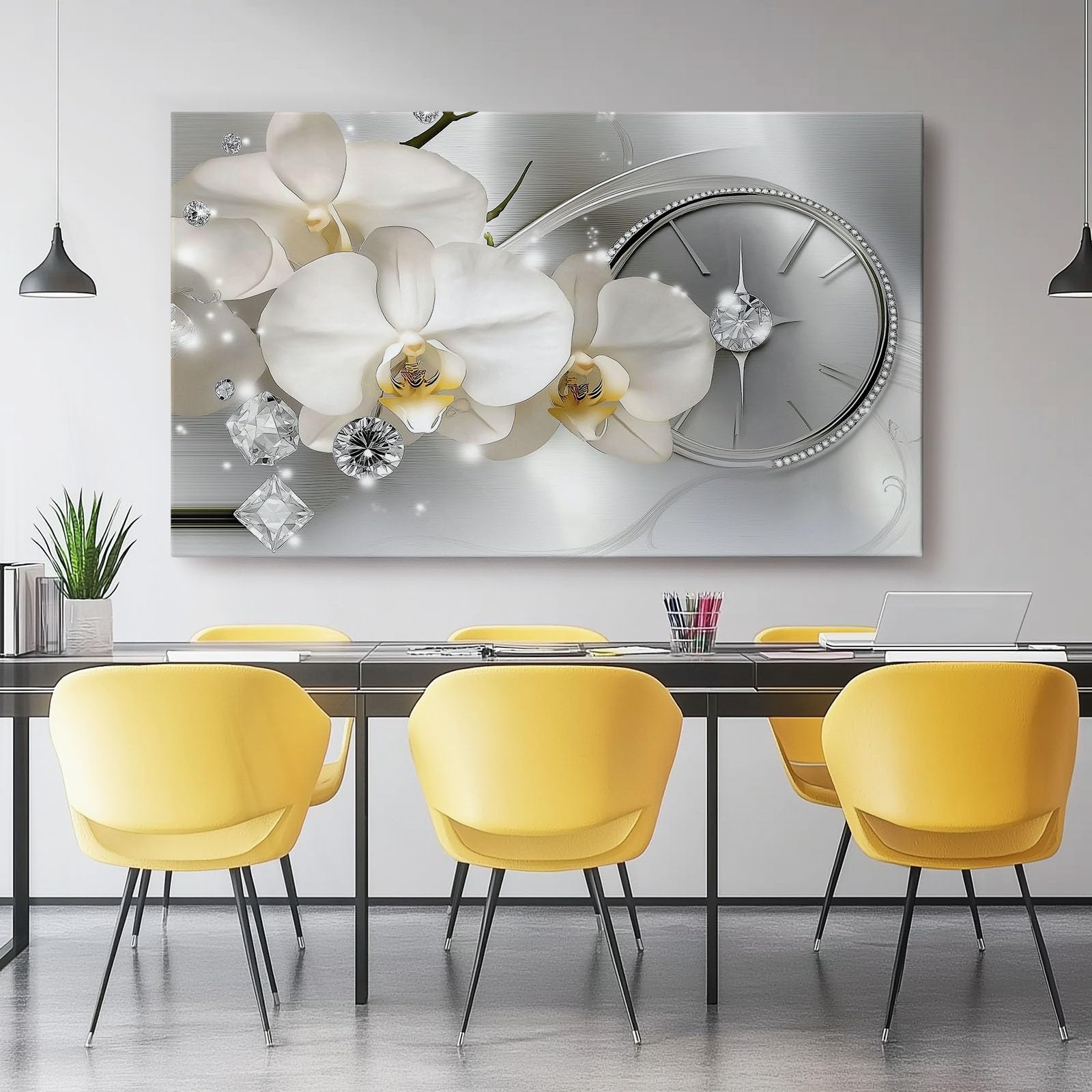Moderno Elegante Fiori Diamanti Stampe Su Tela Bianco Quadro Moderno Soggiorno Decorazioni Camera Da Letto Bagno Cucina Ufficio Sala Da Pranzo Bar 100 x 70 cm Senza Cornice