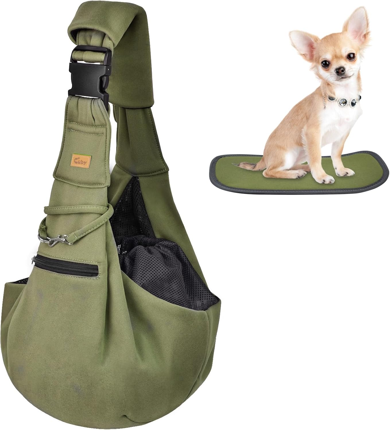 CUBY 犬 抱っこ紐 スリング 中小型犬用 ペットスリング 猫 キャリーバッグ 長さ調整可能 底板付き 肩パッド付き 飛び出し防止 メッシュネット付き 10キロまで対応 (グリーン)
