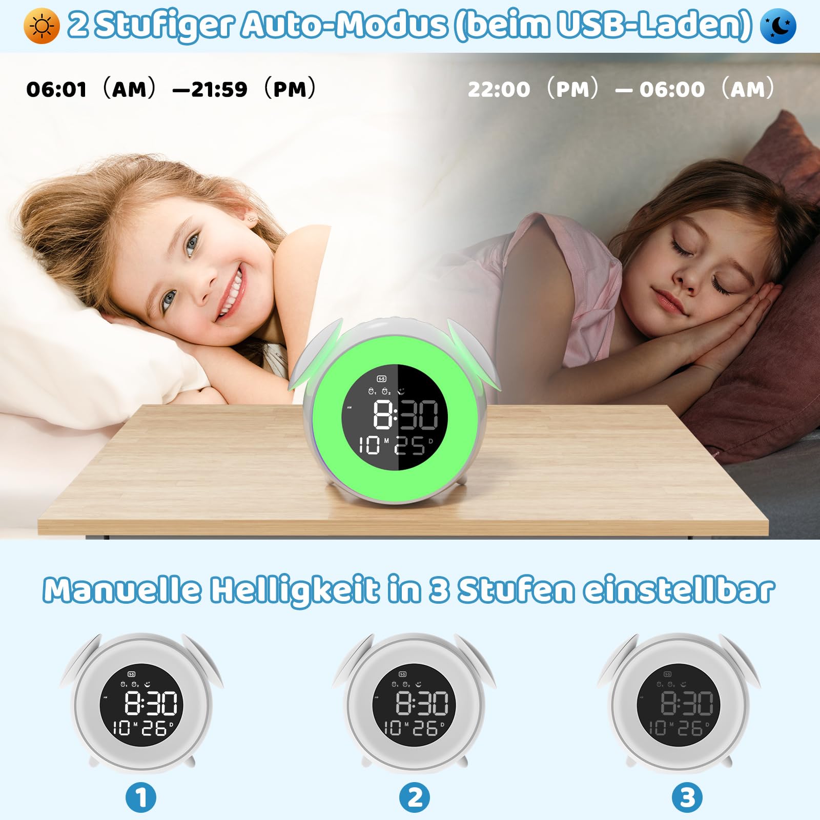 Wecker Kinder Digital, Kinderwecker Schlaftrainer, LED Digitaluhr mit Doppelalarm, 10 Farblichten, Snooze, Werktagsmodus, 7 Klingeltöne, 12/24Std, Lichtwecker Für Mädchen Jungen