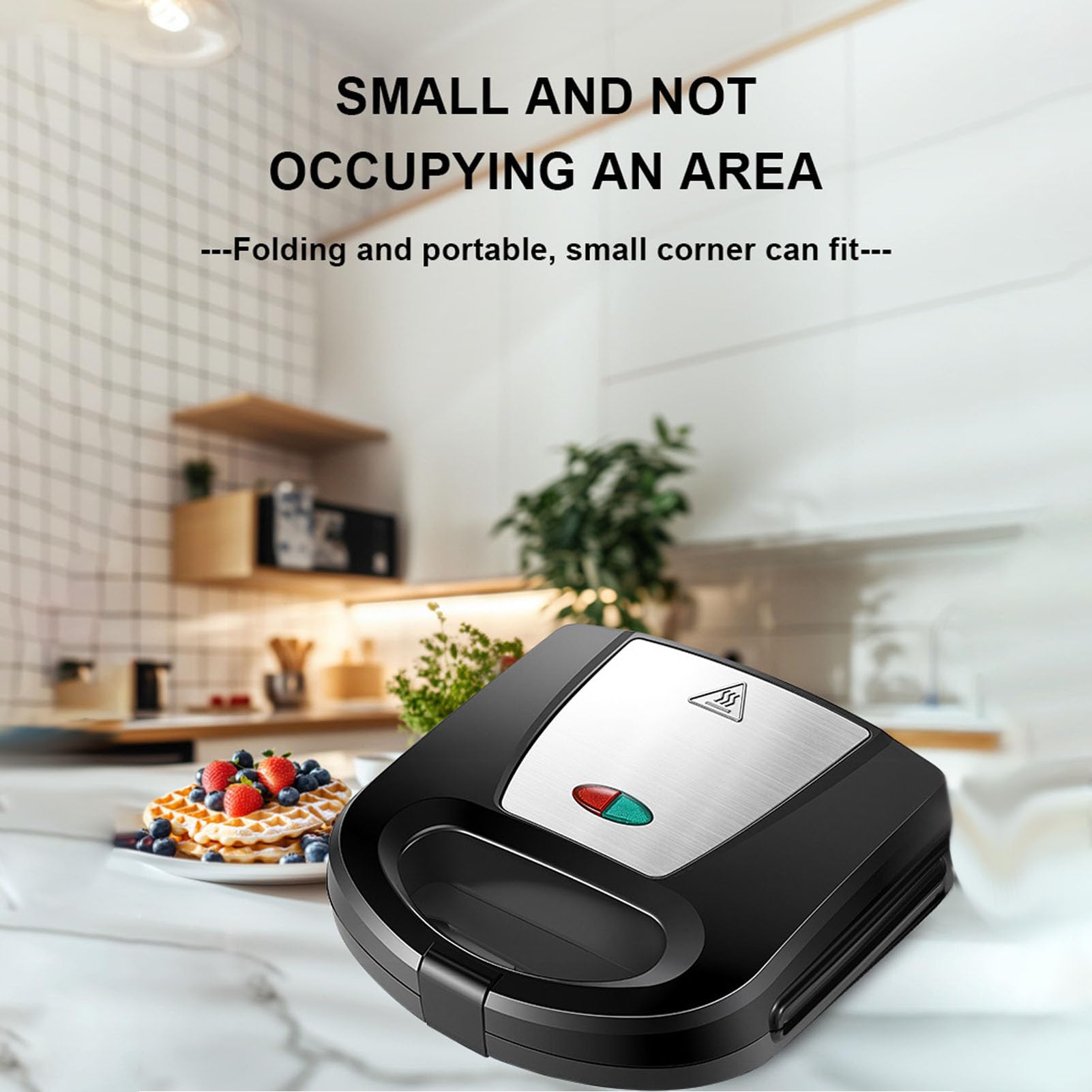 Máquina para Hacer Gofres, Máquina de Desayuno Eléctrica Portátil Antiadherente Compacta para Gofres, Prensa para Gofres para Refrigerios Caseros, Color Negro