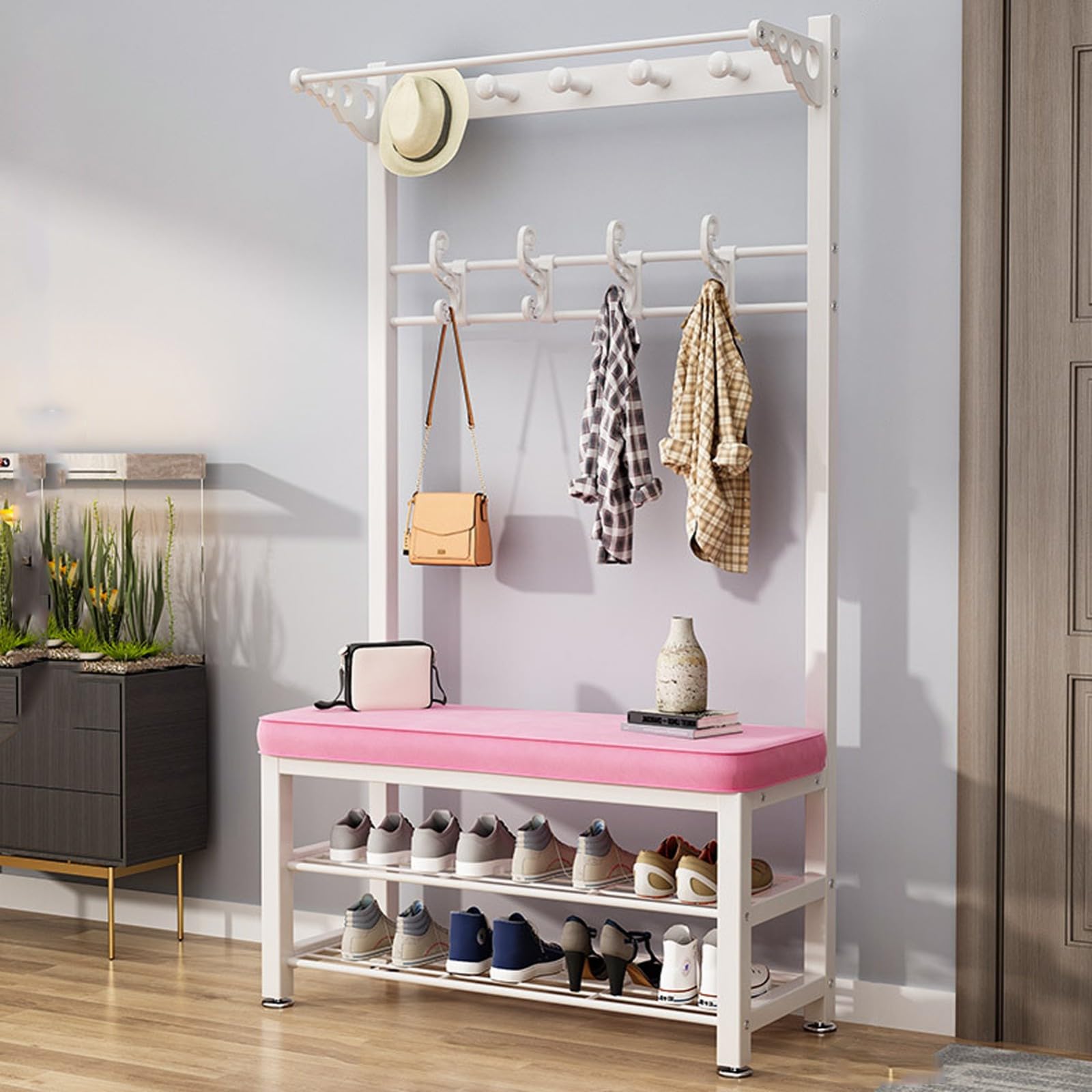 LWJSOCP Metal Coat Rack Shoe Bench with 2 Tier Shelves and Hooks Entryway Coat Rack with Shoe Bench 80CM Coat Rack Shelf
