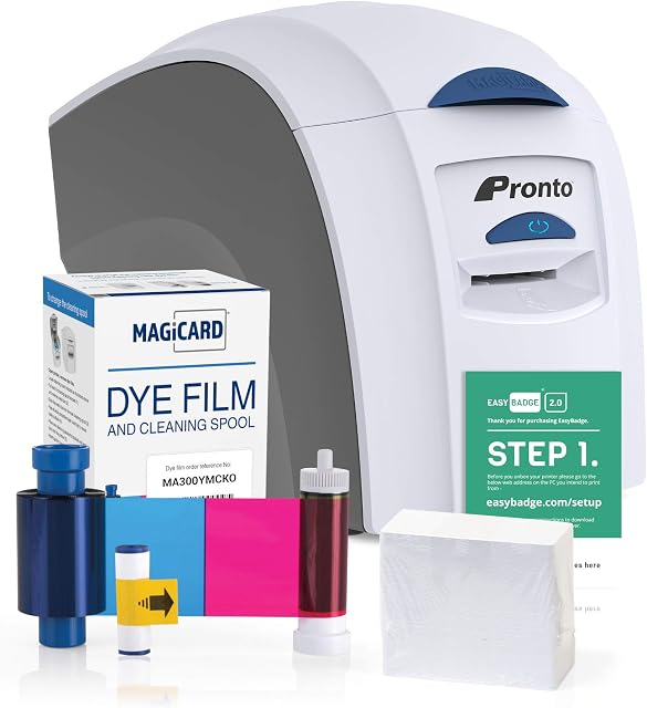 EasyBadge Magicard Pronto ID Card Printer Bundle | Includes Printer Ribbon, ID Cards Card Design Software