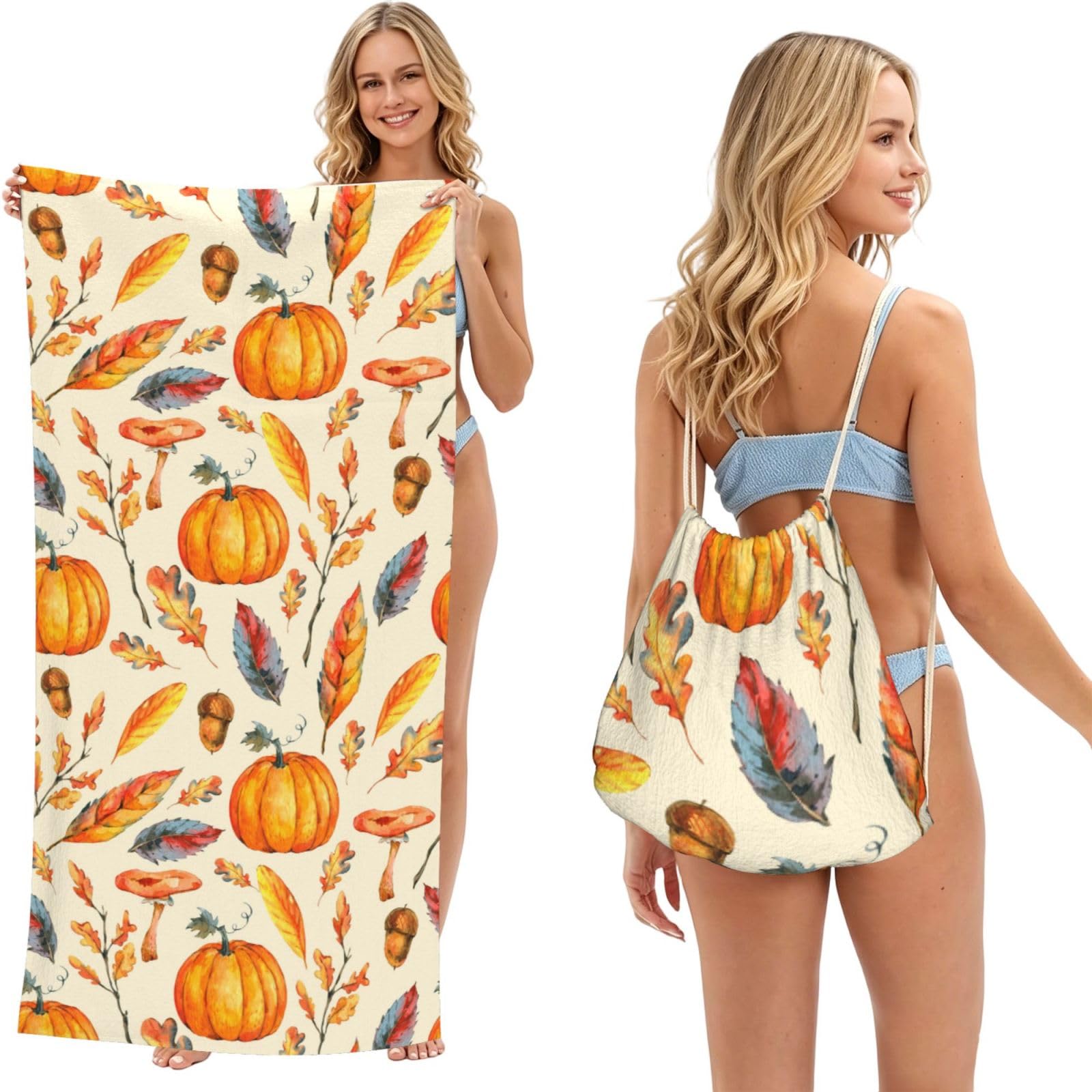 Poadnly As Picture Watercolor Pumpkins Leaves Mushrooms, 2 In 1 Packable Towel Bag, Beach Towels With Drawstring Backpack For Travel Holiday Camping