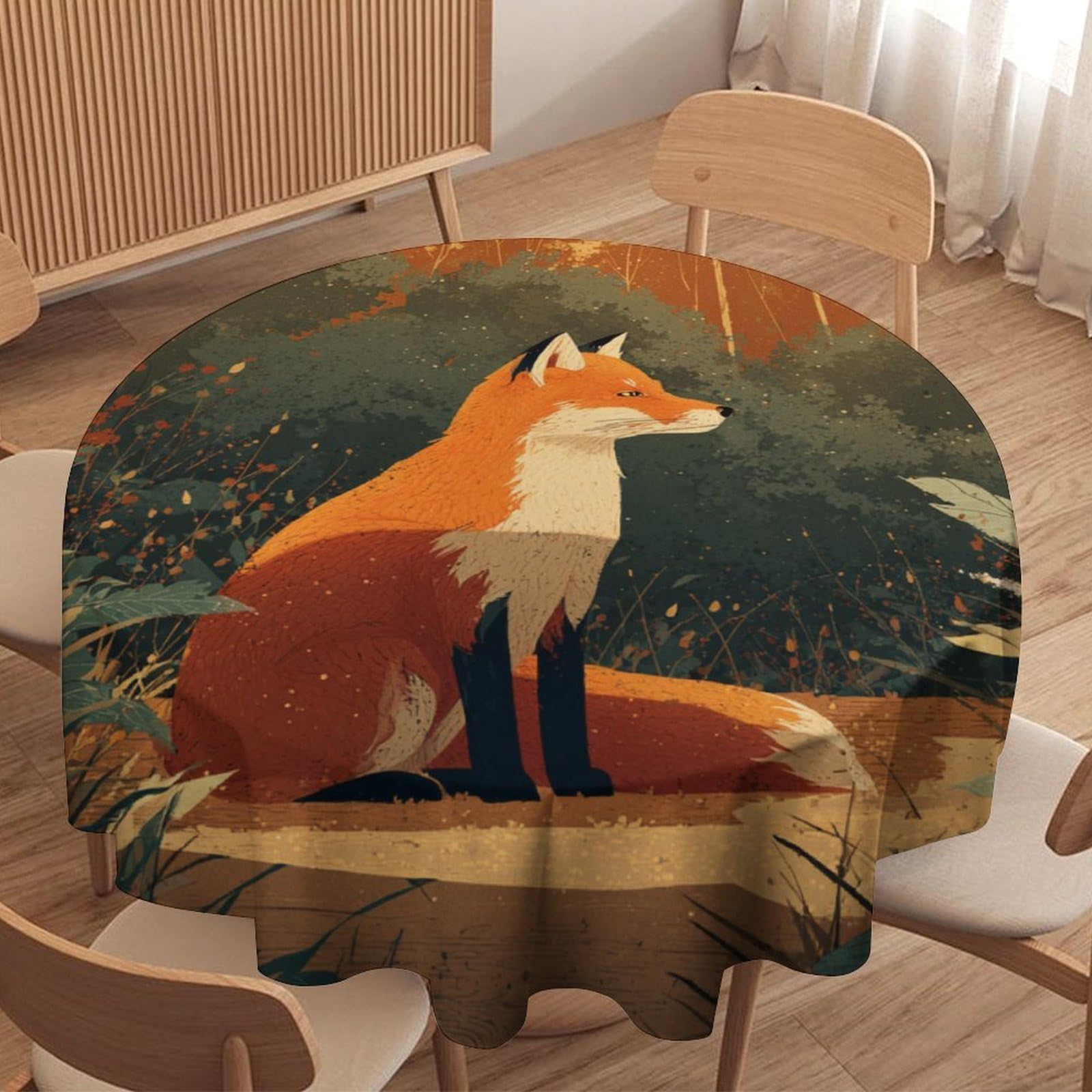 LUYYSKY Vintage Classic Wildlife Fox Waterproof Round Tablecloth Realistic Cartoon Art Autumn Forest Hunting Theme Animal Fox Washable Table Cover for Kitchen-127 Wx127 L cm